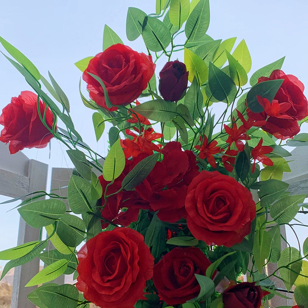 Red Silk Rose with Greenery Wedding Decor Flower Runner Flower Row ABFR-018