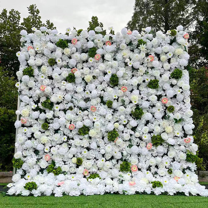 Floral wall with white and green flowers in an outdoor setting