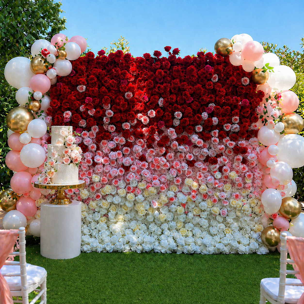 Red White Ombre Rose Wedding Floral Wall Backdrop