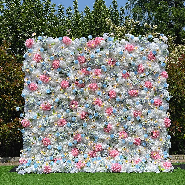 5D Fabric White Pink Mixed Flowers Rolling Up Curtain Flower Wall ABFW-095