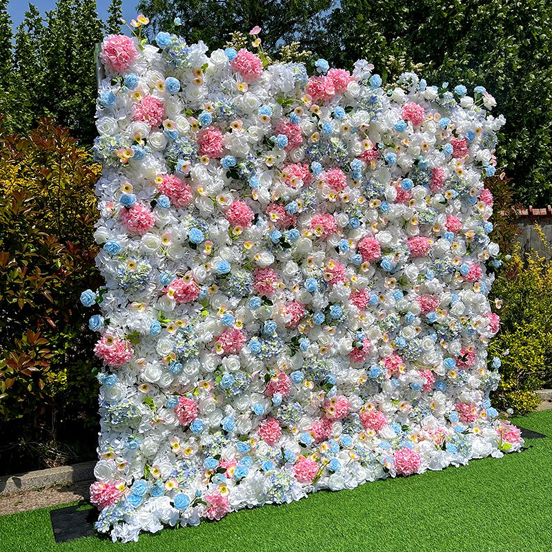 5D Fabric White Pink Mixed Flowers Rolling Up Curtain Flower Wall ABFW-095