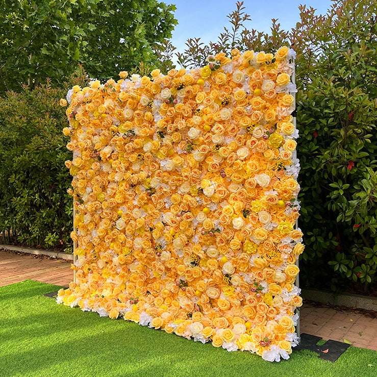 Yellow Silk Rose 5D Roll Up Curtain Wedding Flower Wall Backdrop ABFW-098