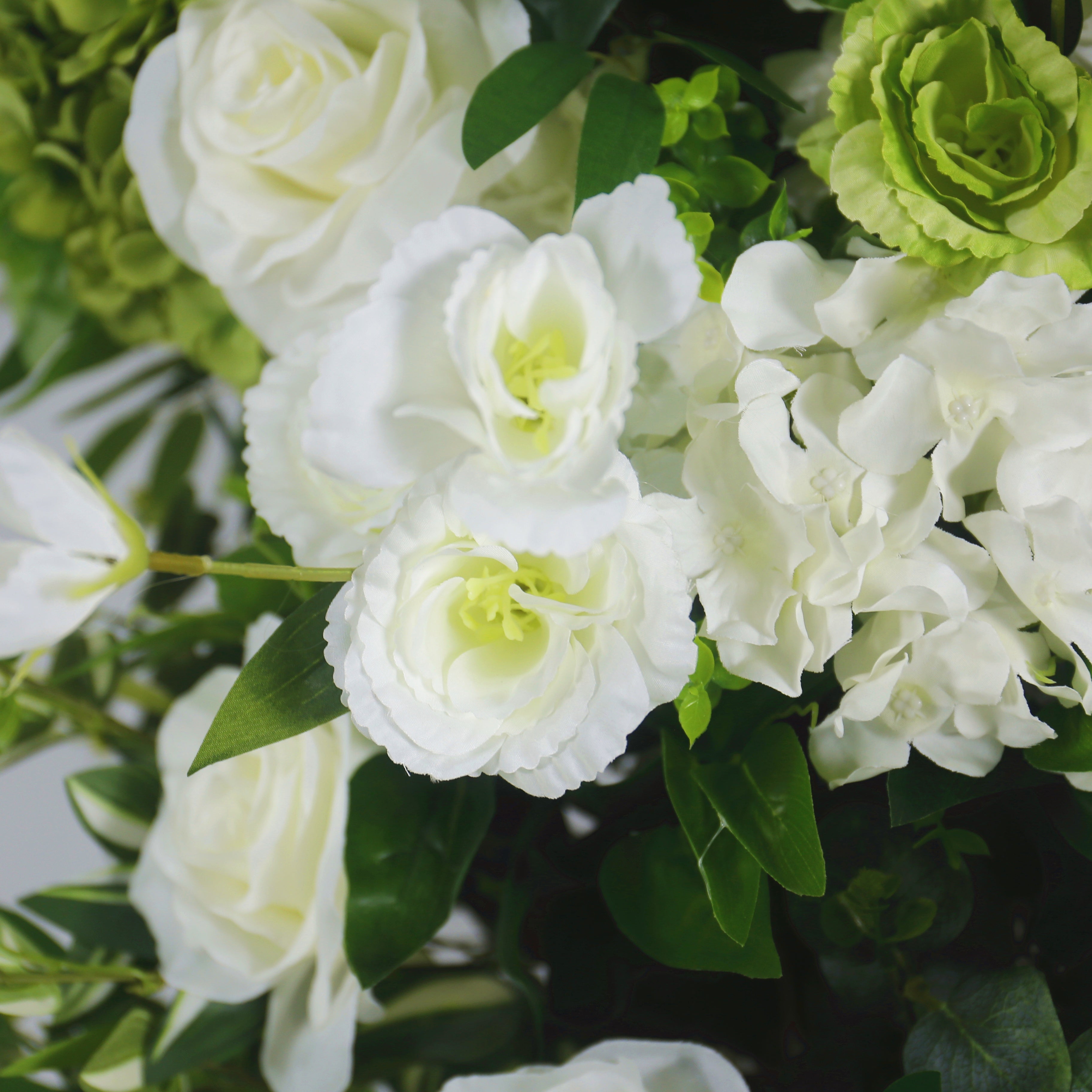 White Cloth Flowers with Greenery Horn-Shaped Flower Wall Party Decor ACAW-004