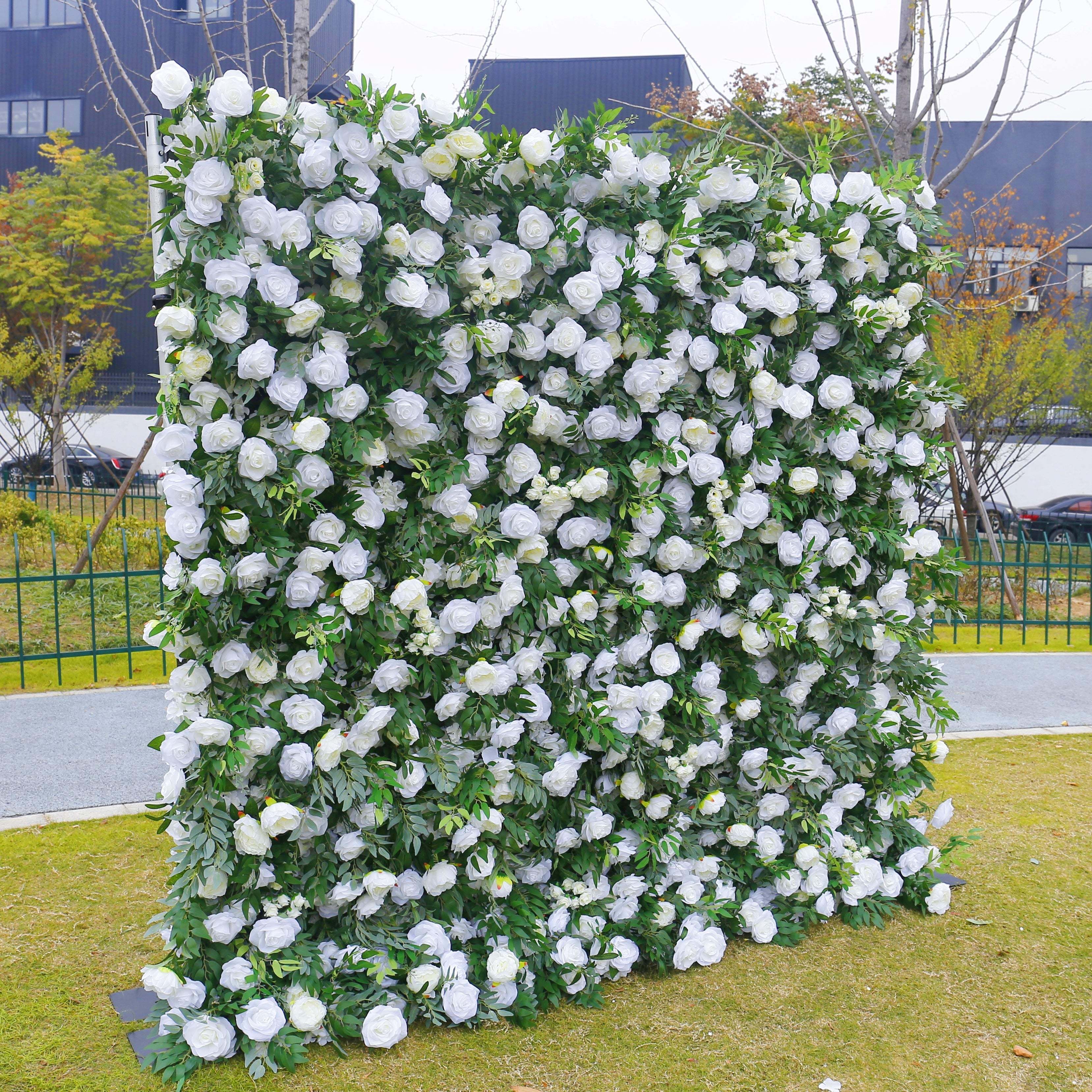 White Rose Green Leaves Fabric Roll Up Flower Wall ACFW-156