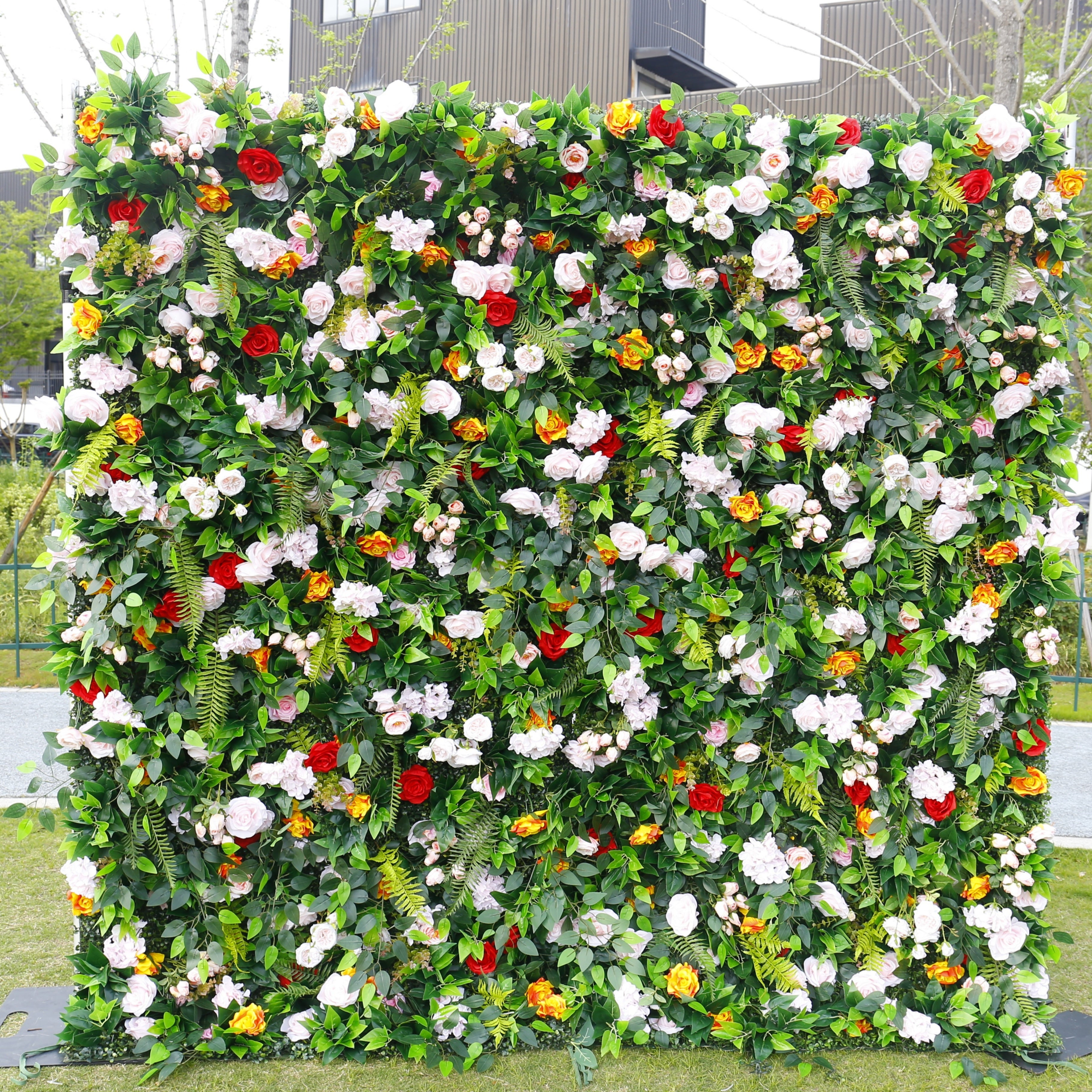 8x8ft Pink Rose Green Leaves Fabric Hanging Floral Wall ACFW-002