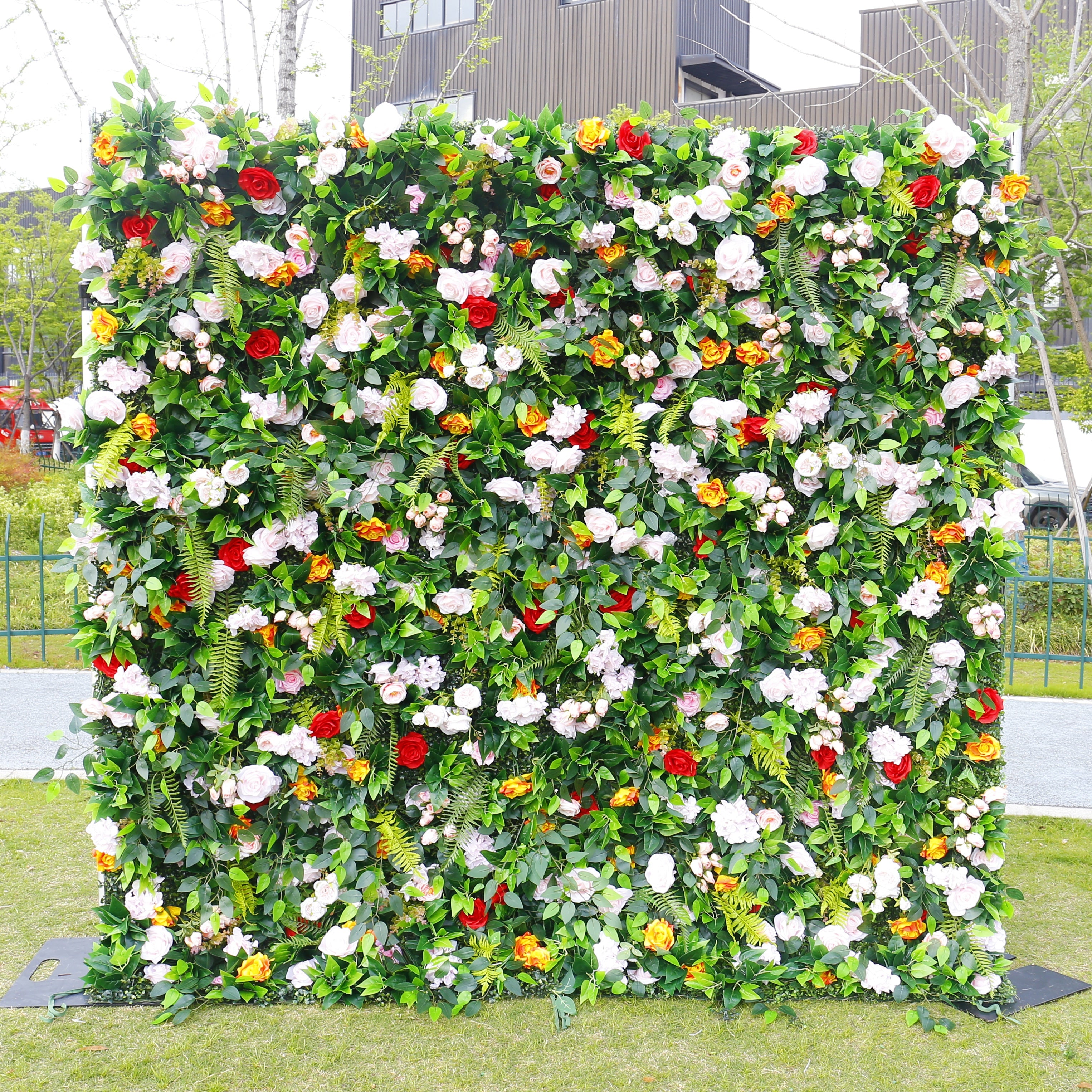 8ft Pink Rose Green Leaves Fabric Roll Up Artificial Flower Wall ACFW-002