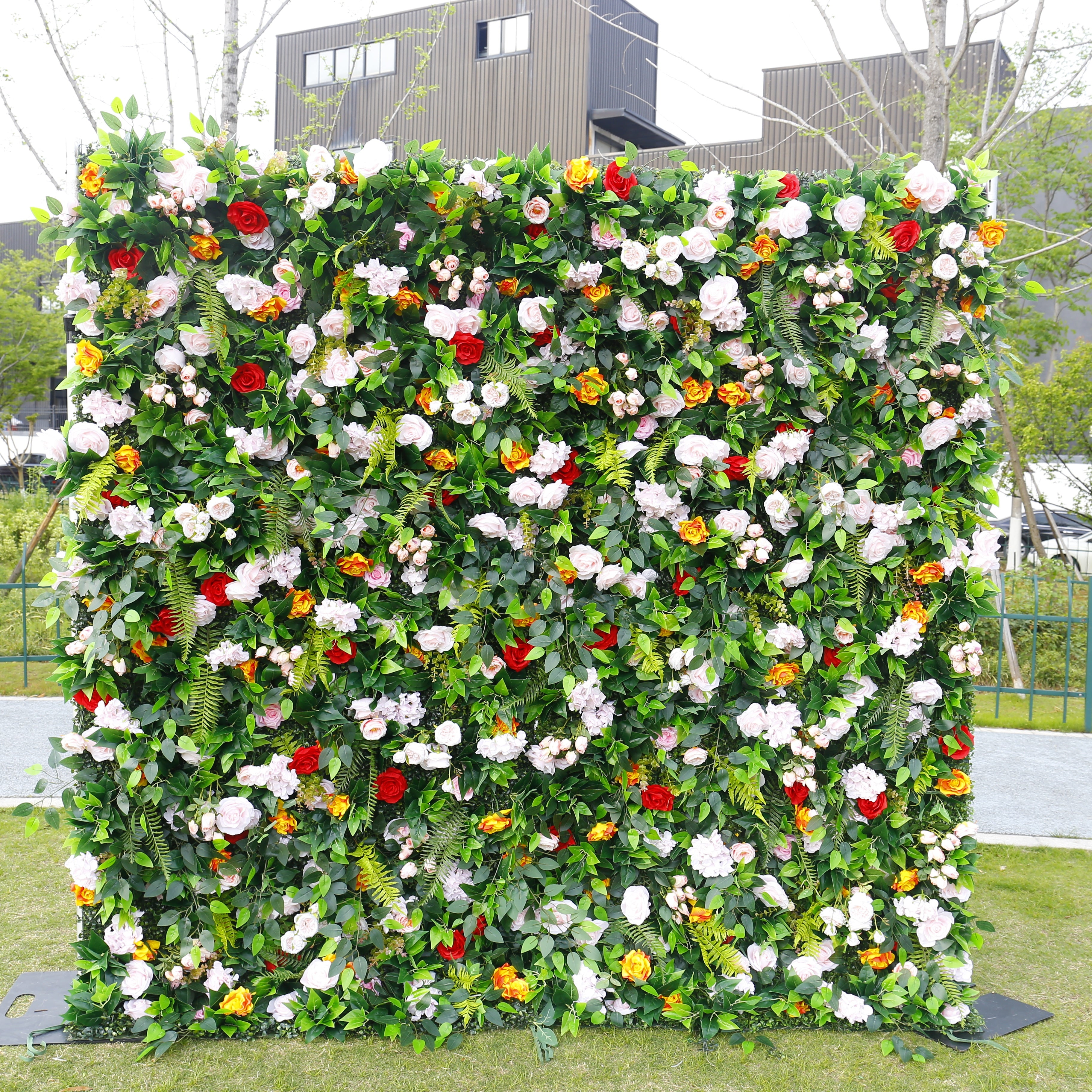 8x8ft Pink Rose Green Leaves Fabric Hanging Floral Wall ACFW-002