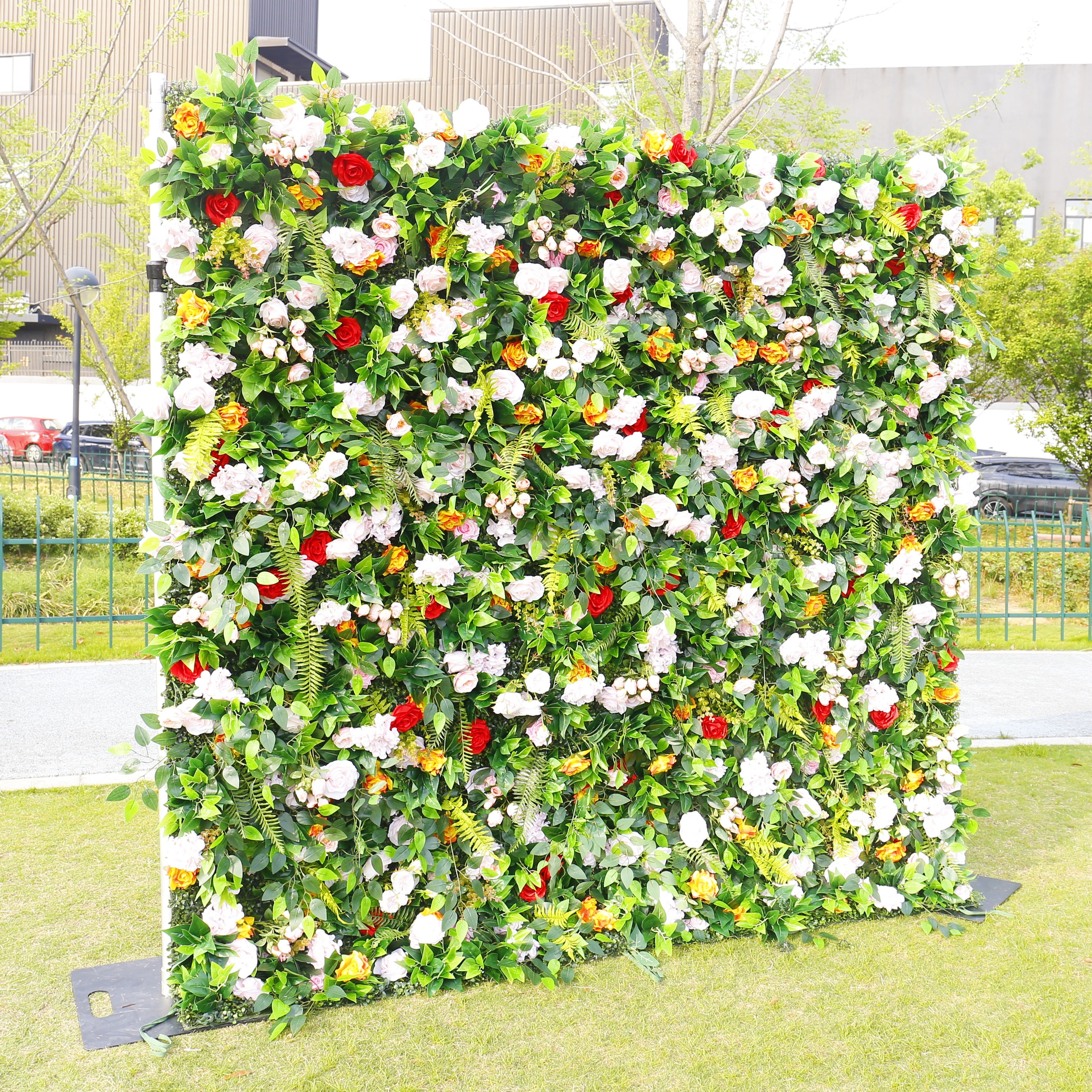 8ft Pink Rose Green Leaves Fabric Roll Up Artificial Flower Wall ACFW-002