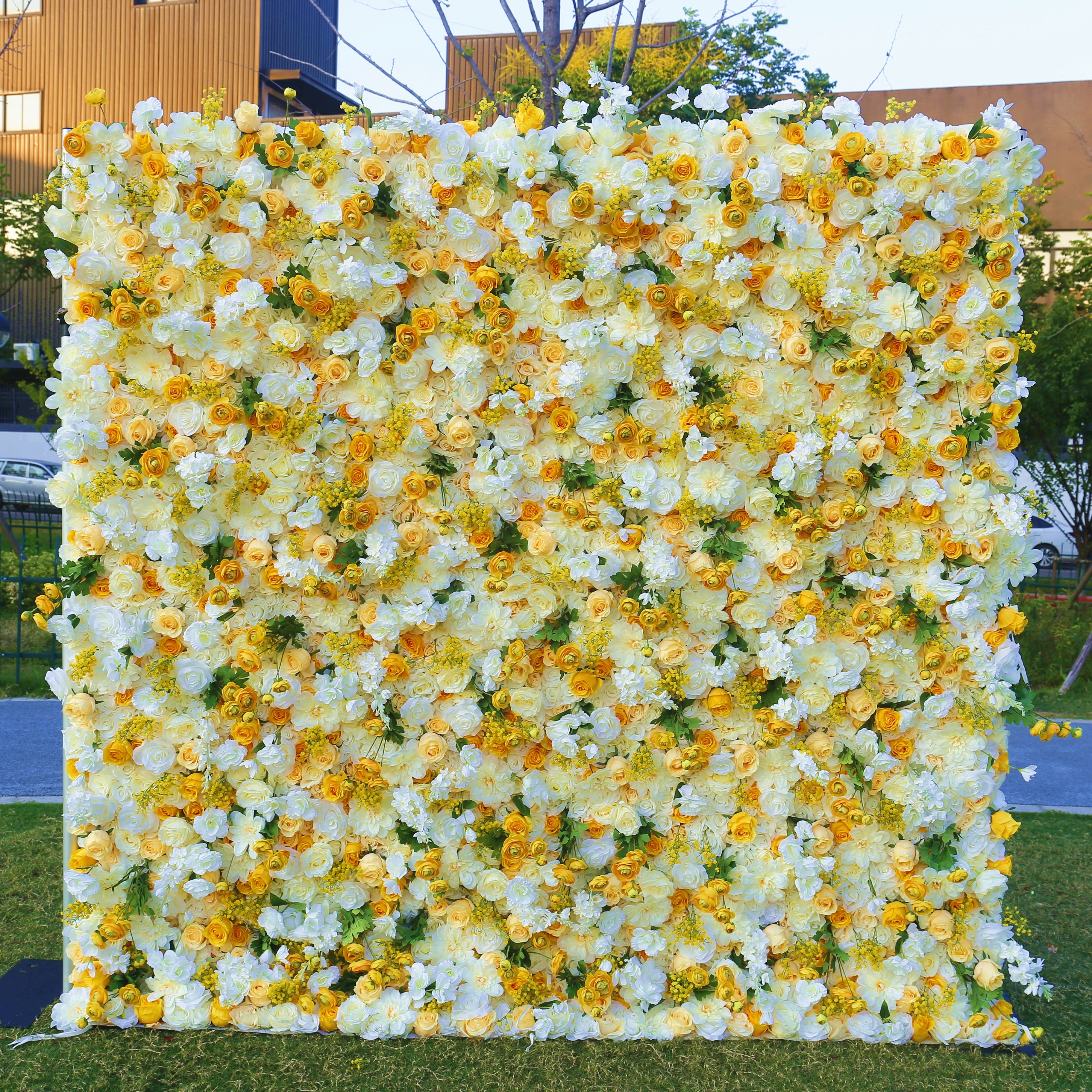 5D White and Yellow Silk Roses Artificial Roll Up Flower Wall ACFW-003