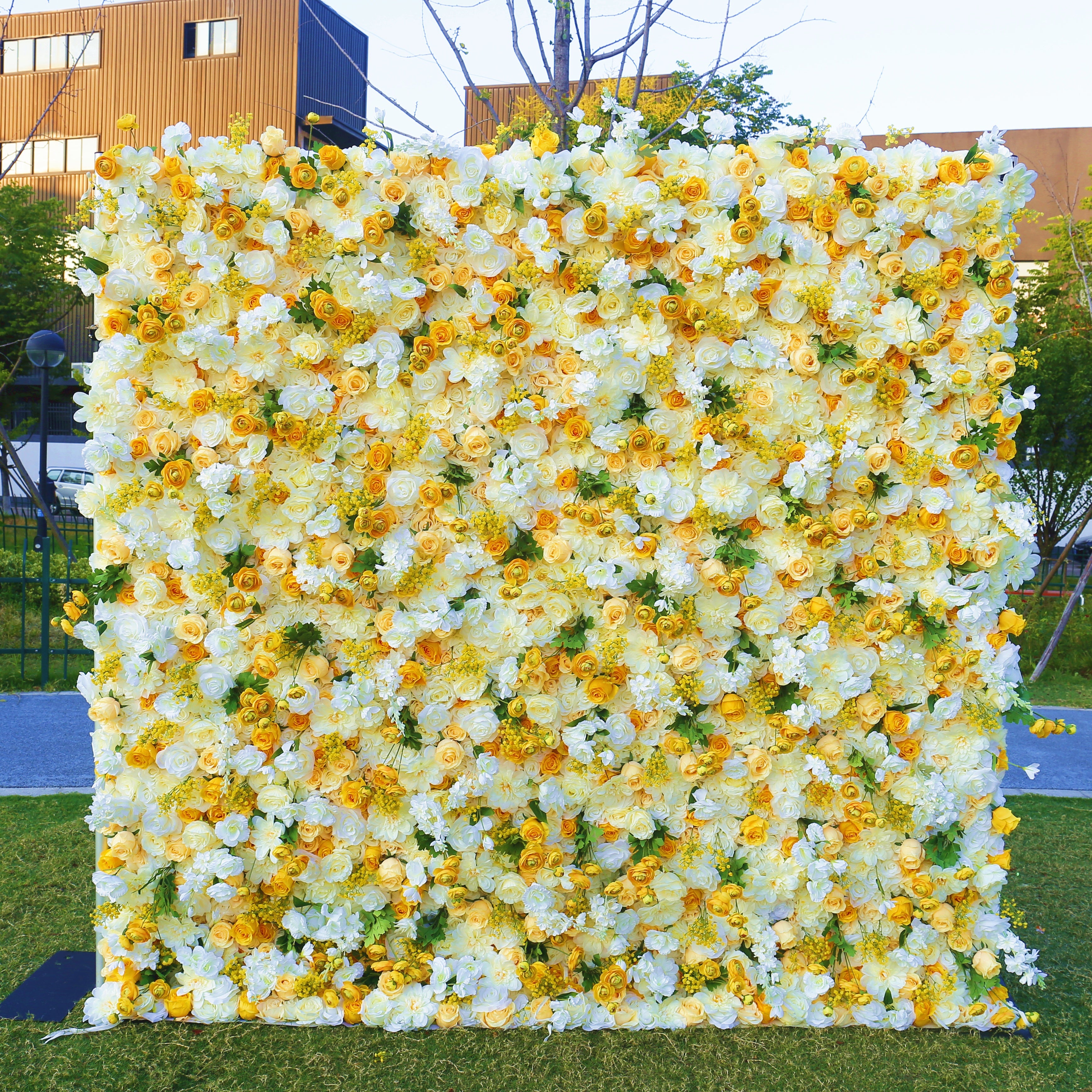 5D White and Yellow Silk Roses Artificial Roll Up Flower Wall ACFW-003