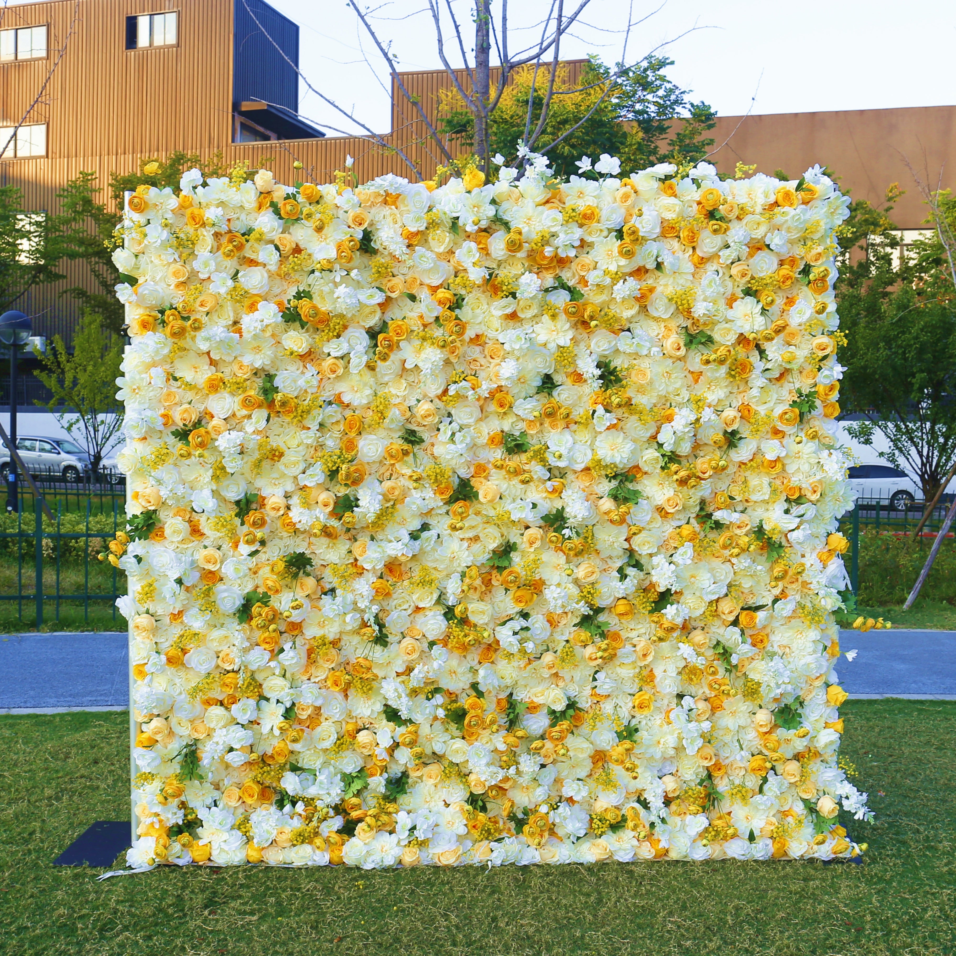 5D White and Yellow Silk Roses Artificial Roll Up Flower Wall ACFW-003