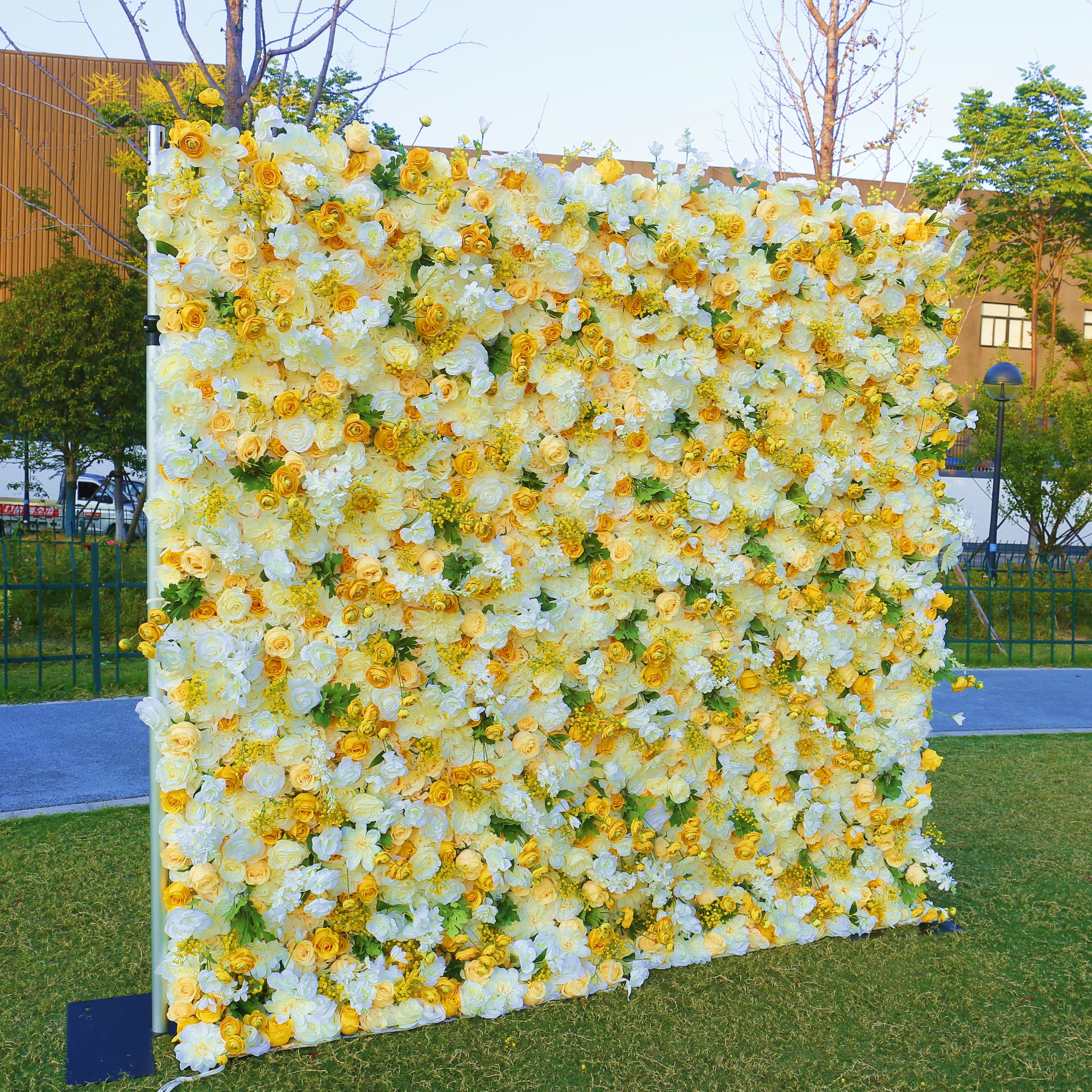 5D White and Yellow Silk Roses Artificial Roll Up Flower Wall ACFW-003