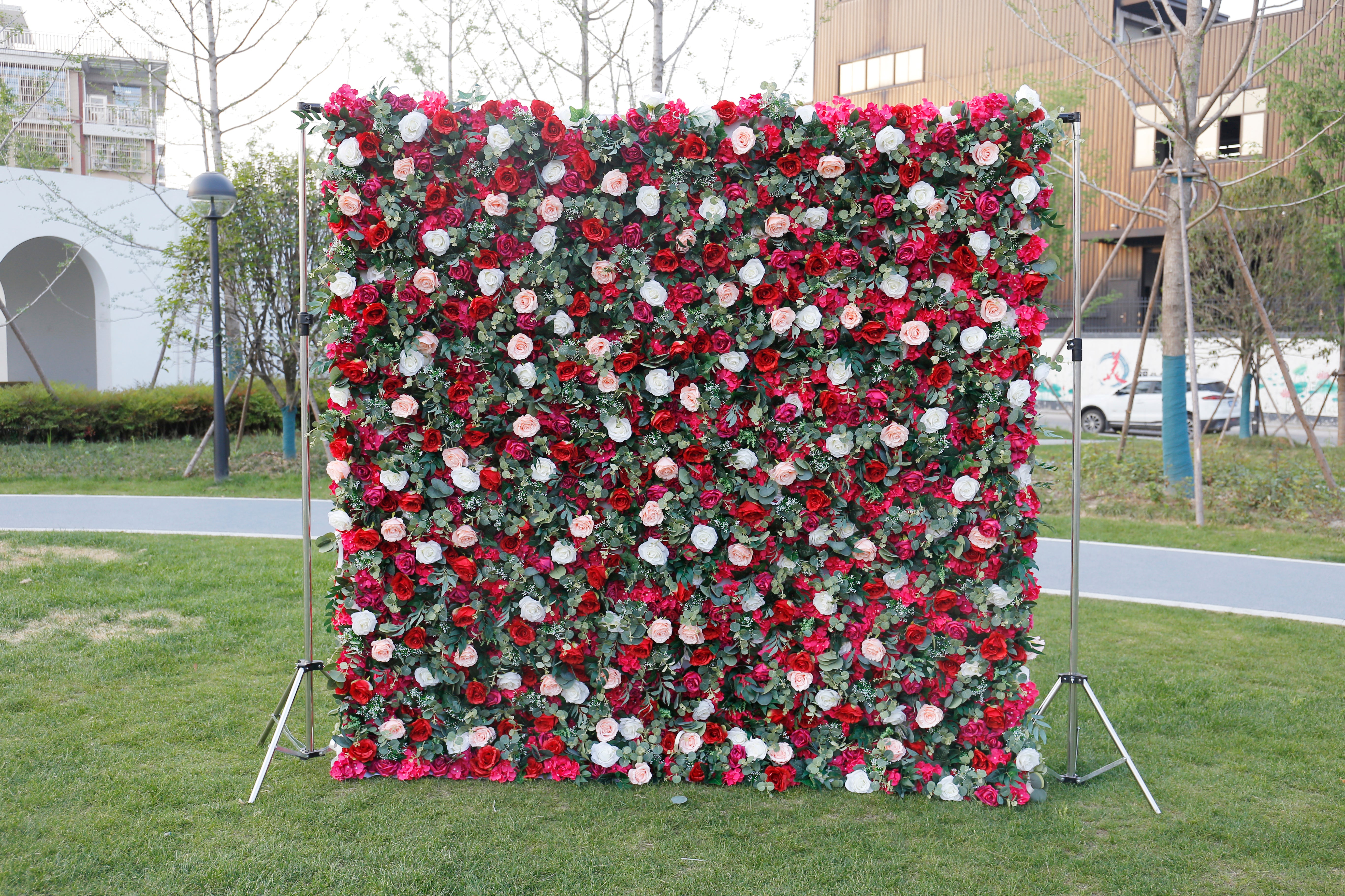 Romantic Red Fabric Rose Greenery Artificial Flower Wall Backdrop ACFW-014
