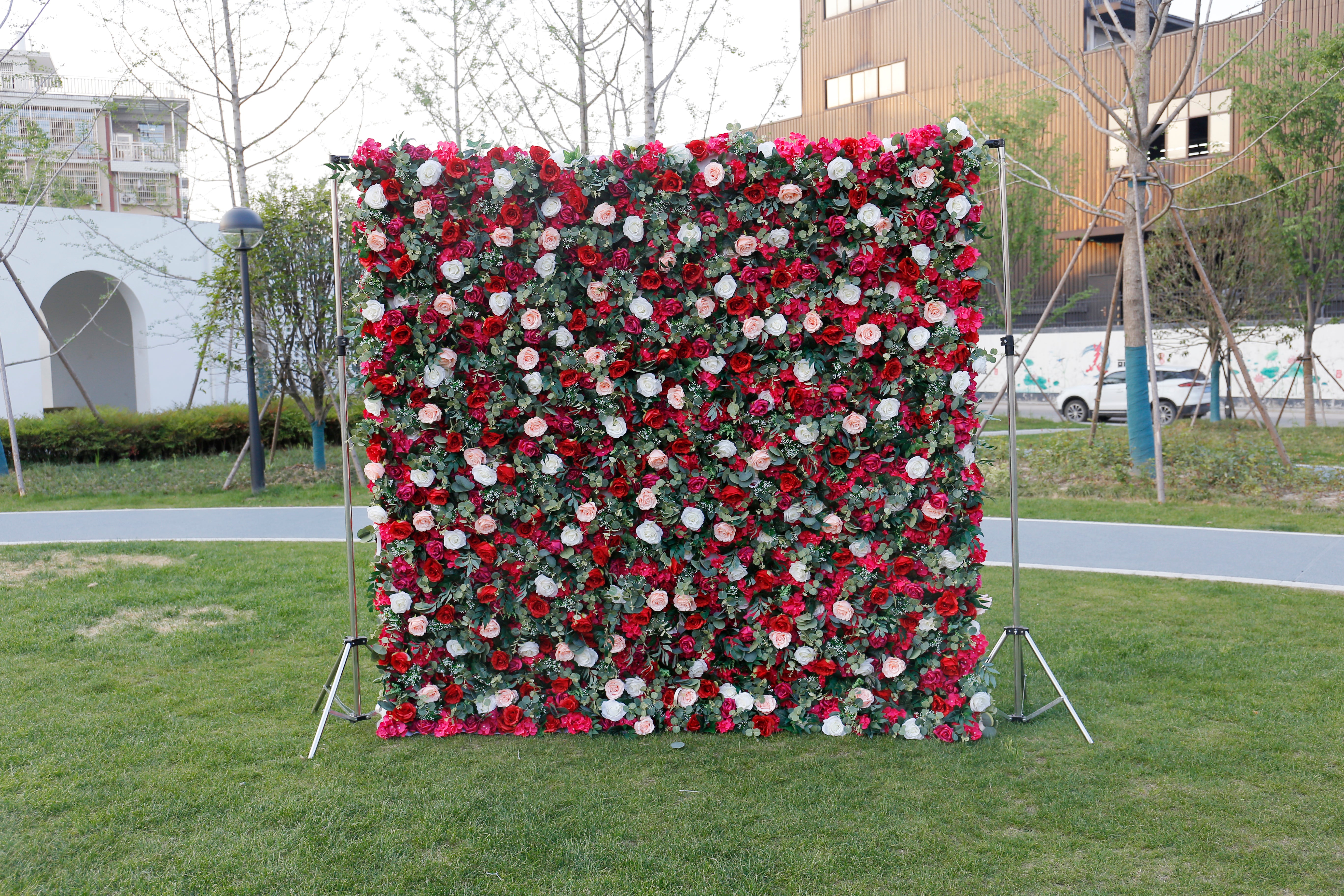 Romantic Red Fabric Rose Greenery Artificial Flower Wall Backdrop ACFW-014