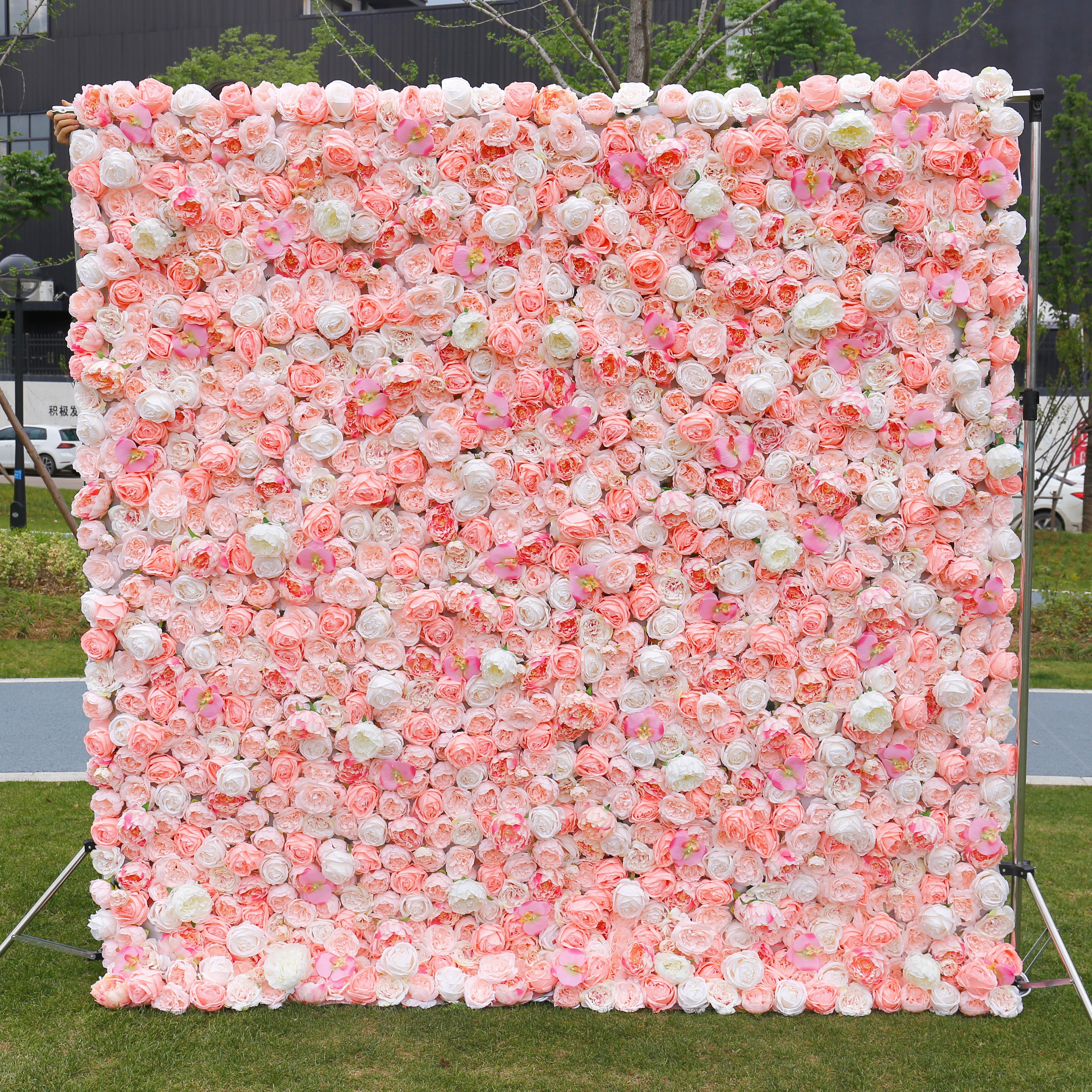 5D Silk Pink White Roses Roll Up Artificial Flower Wall Backdrop ACFW-019