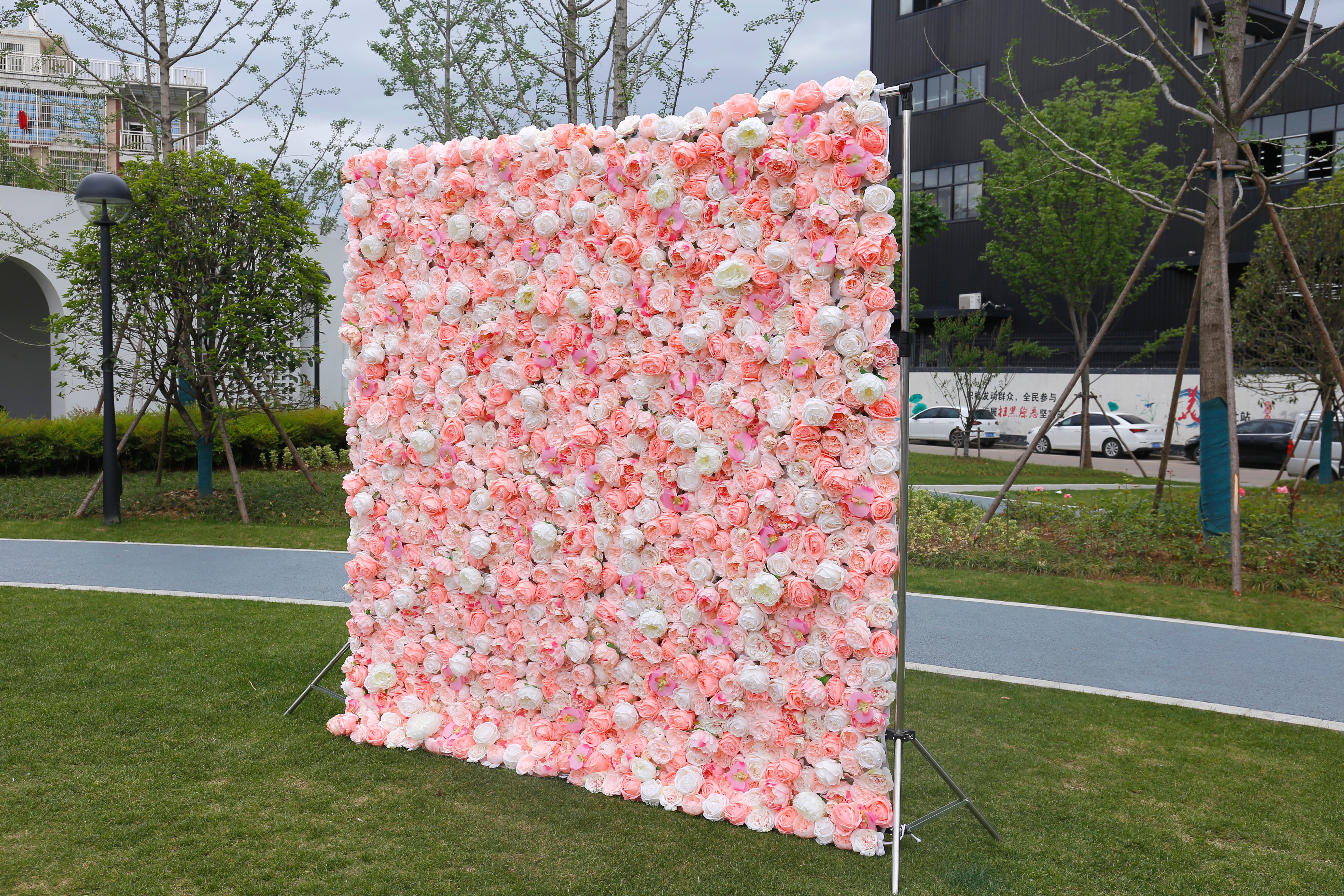 5D Silk Pink White Roses Roll Up Artificial Flower Wall Backdrop ACFW-019