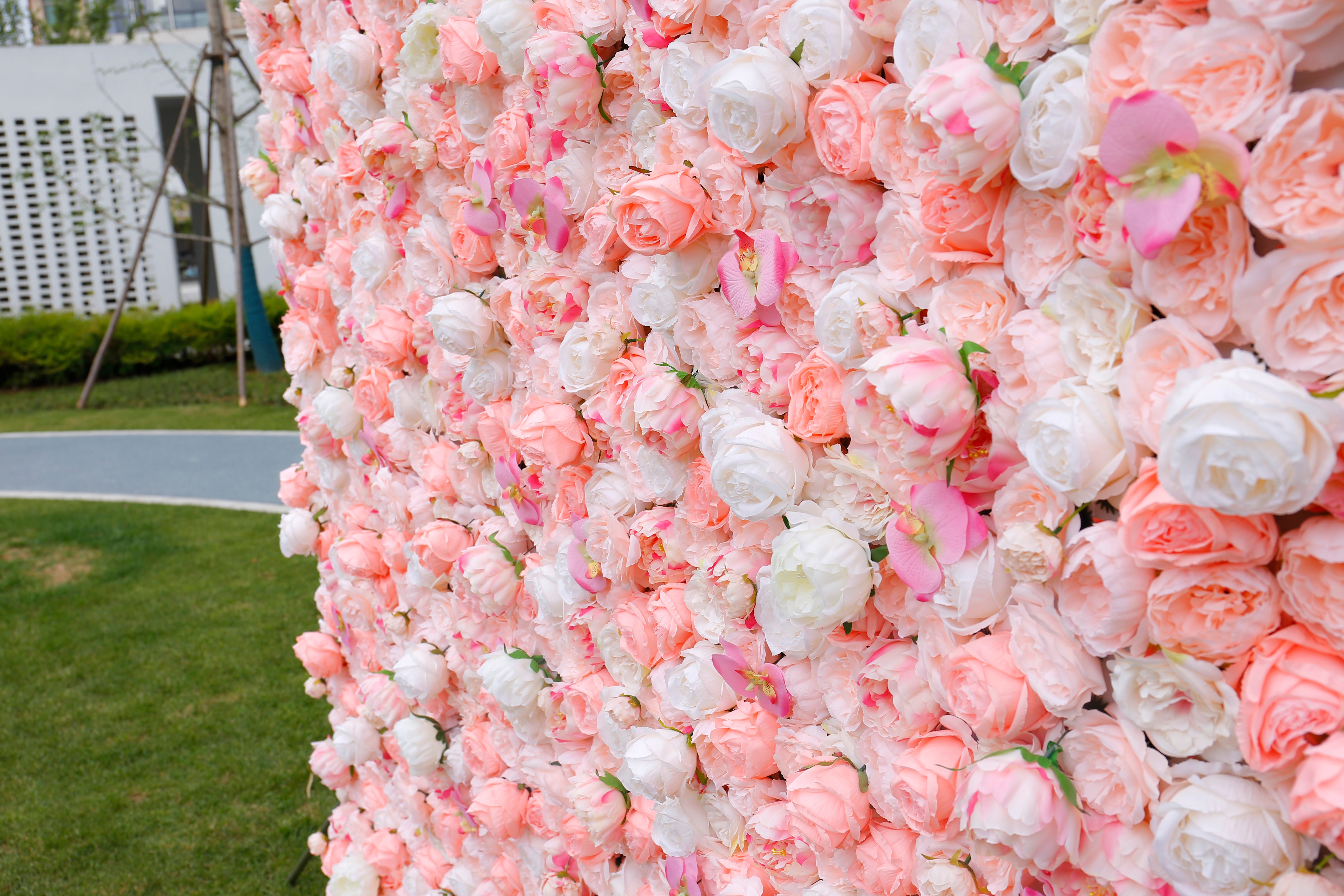 5D Silk Pink White Roses Roll Up Artificial Flower Wall Backdrop ACFW-019