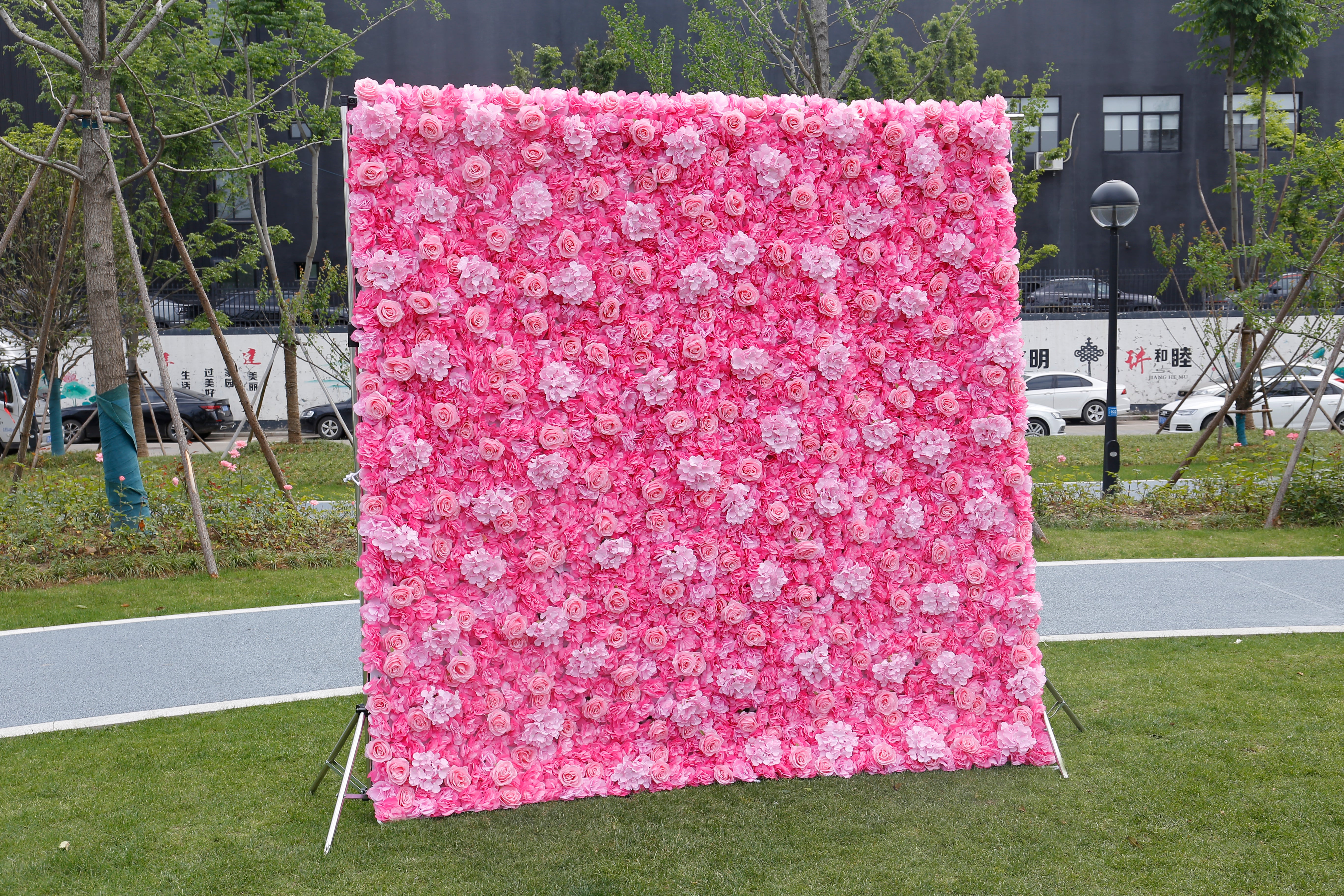 Custom Fabric White Pink Rose & hydrangea Hanging Artificial Floral Wall ACFW-022