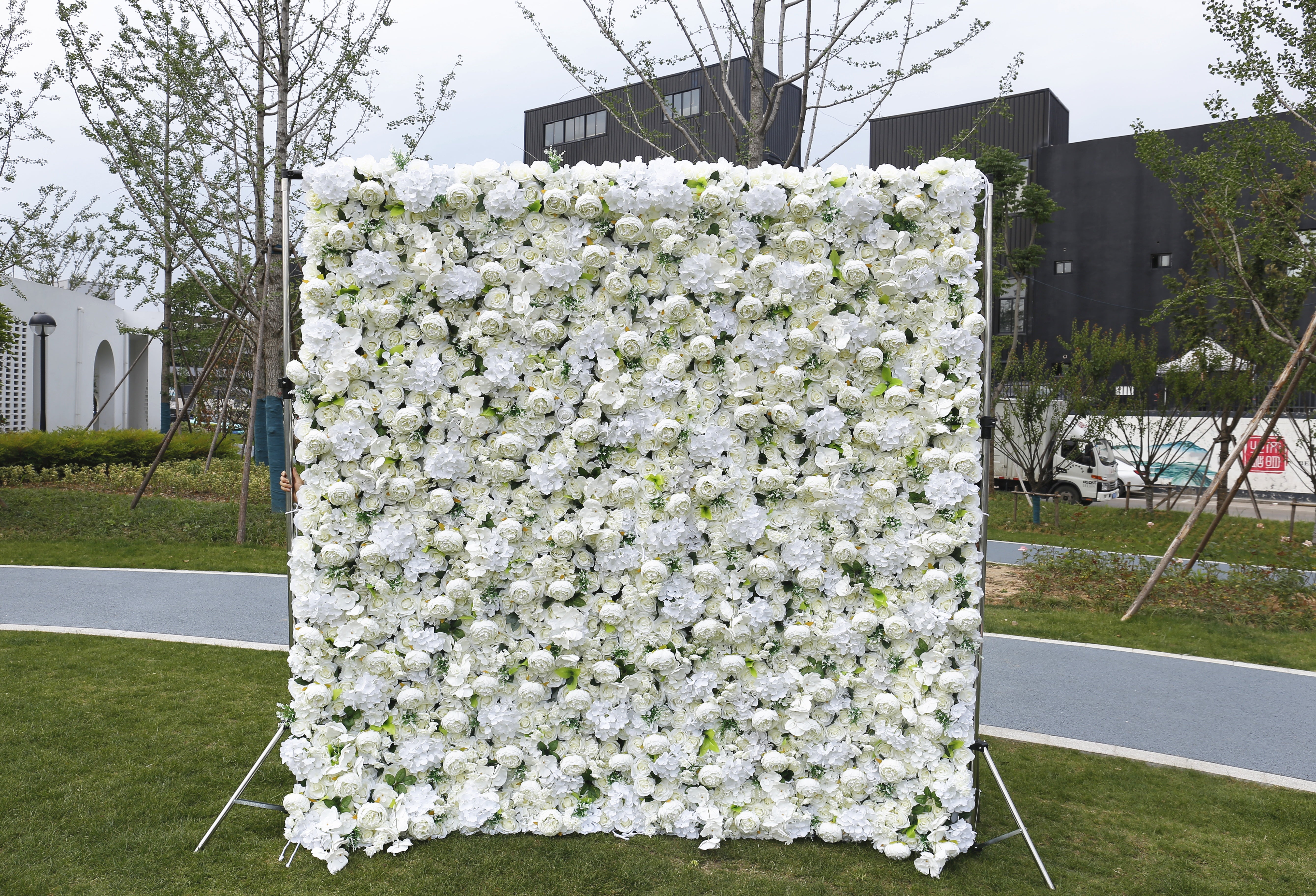 Custom Fabric White Pink Rose & hydrangea Hanging Artificial Floral Wall ACFW-022