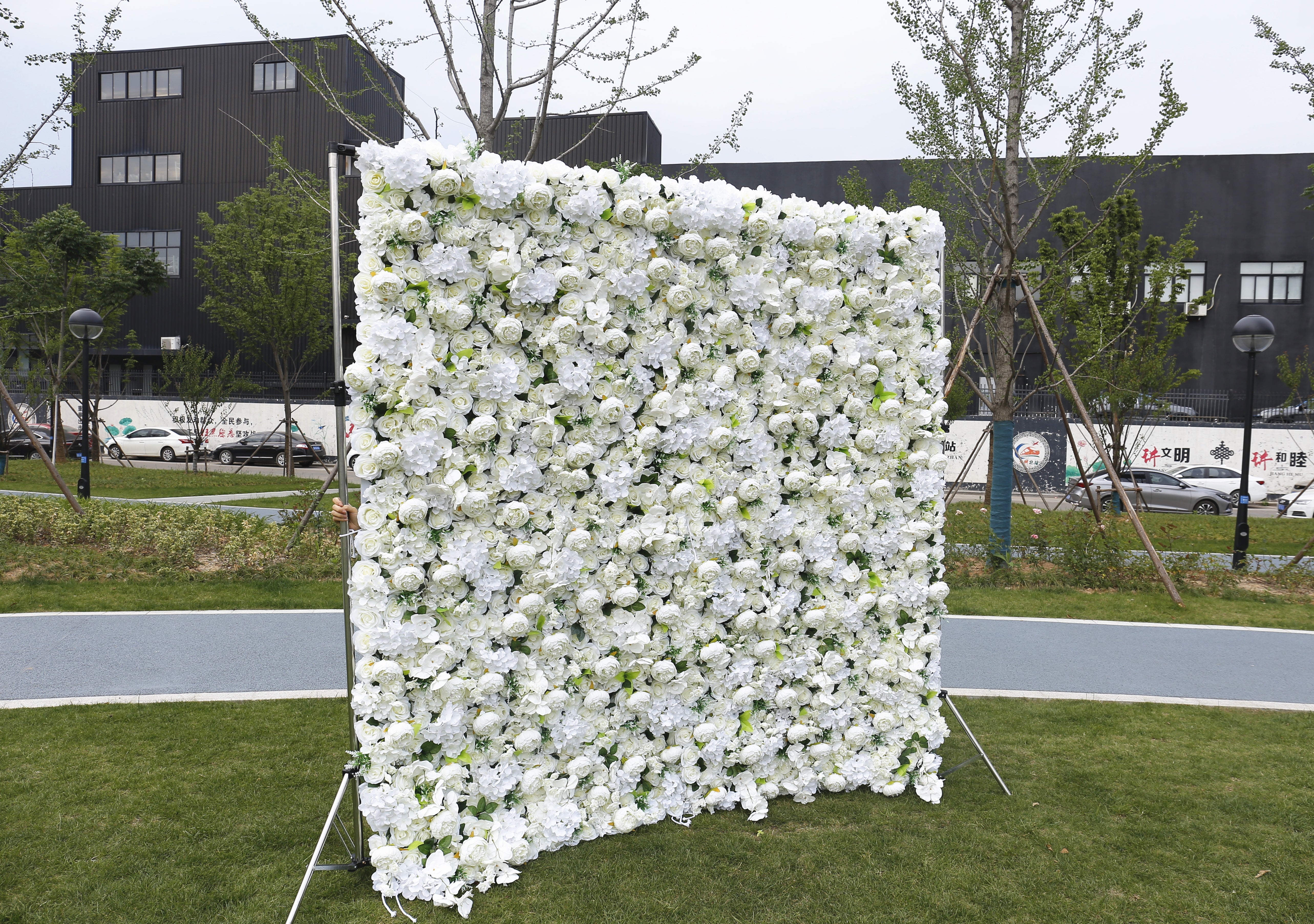 Custom Fabric White Pink Rose & hydrangea Hanging Artificial Floral Wall ACFW-022