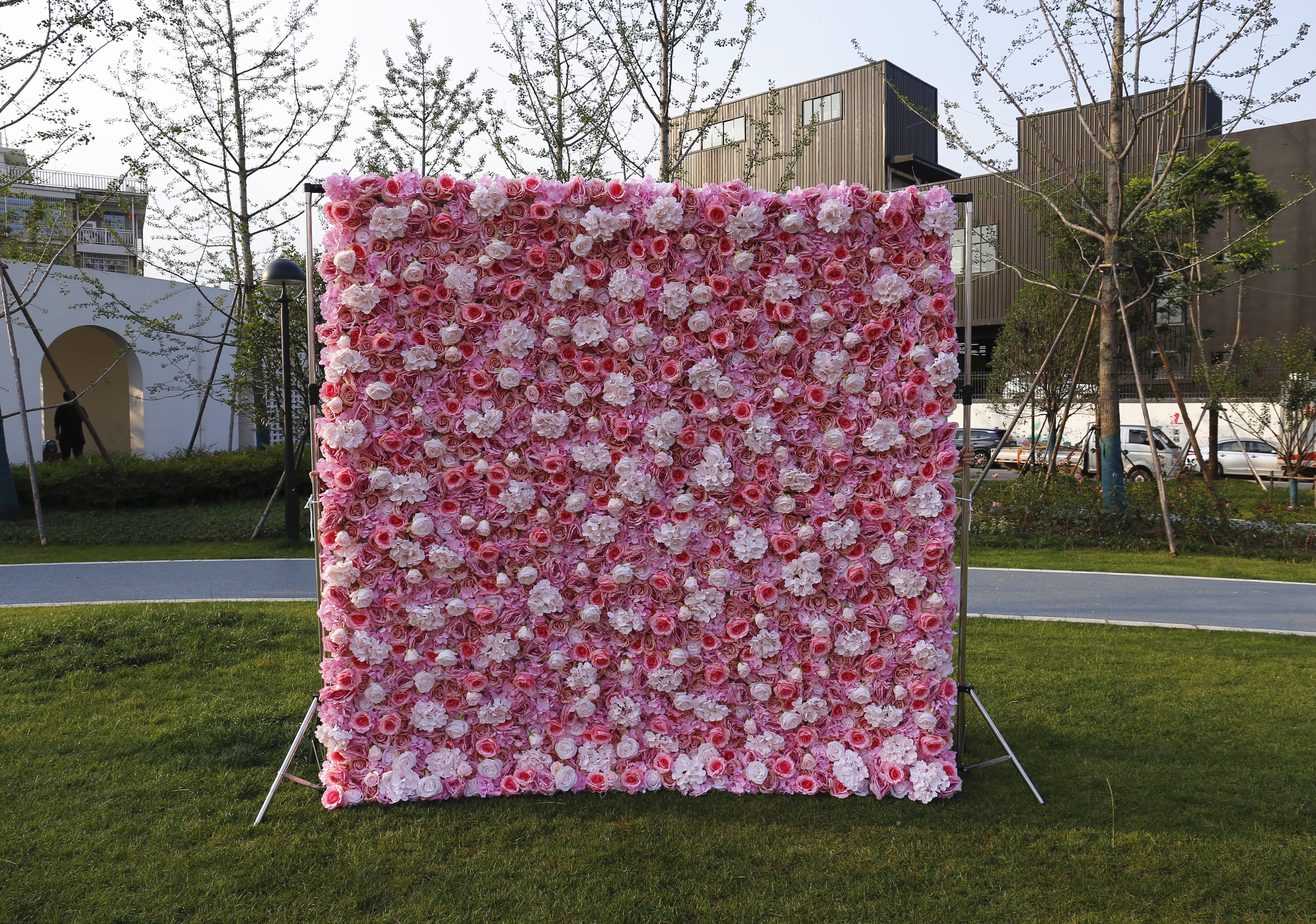 Custom Fabric White Pink Rose & hydrangea Hanging Artificial Floral Wall ACFW-022