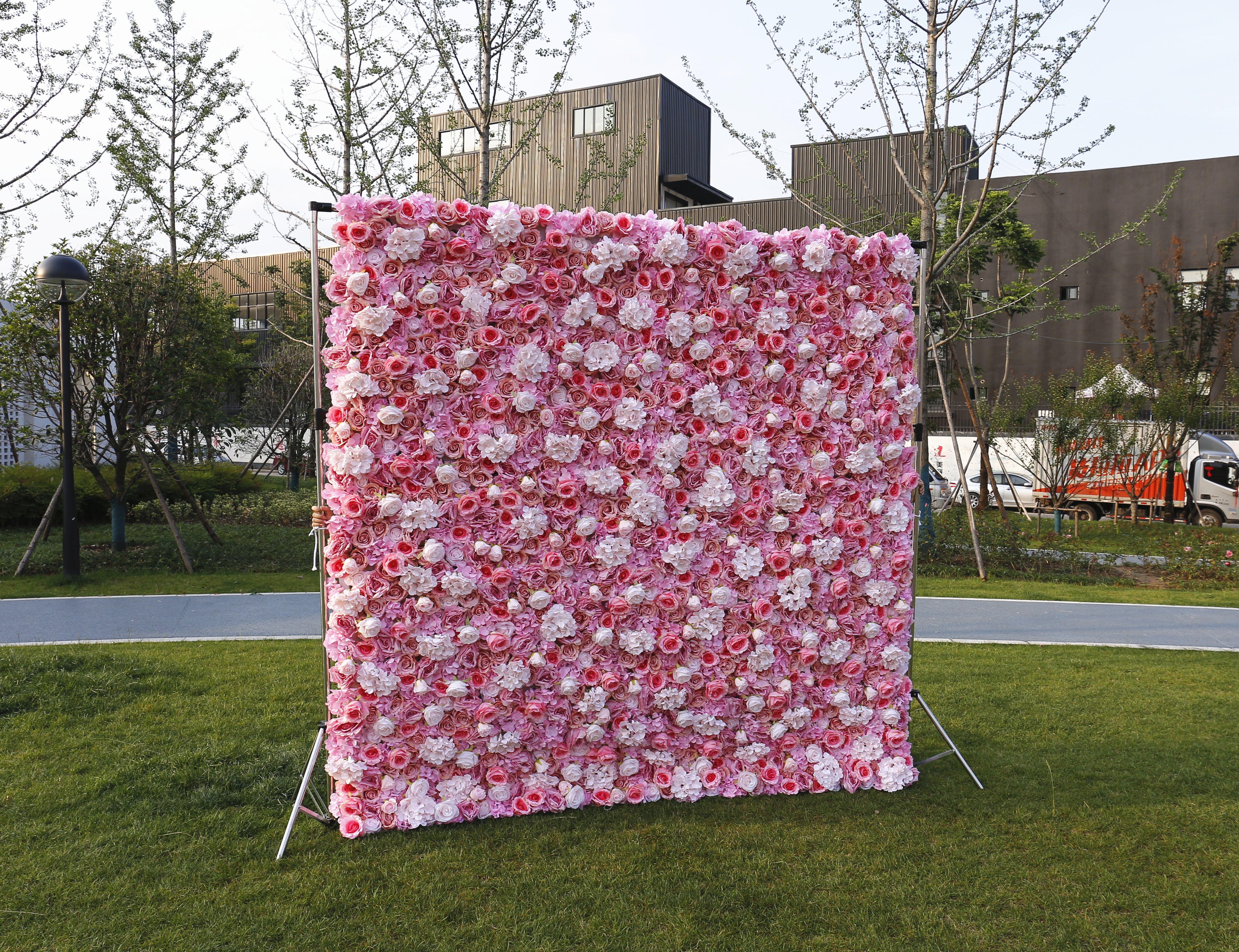 Custom Fabric White Pink Rose & hydrangea Hanging Artificial Floral Wall ACFW-022