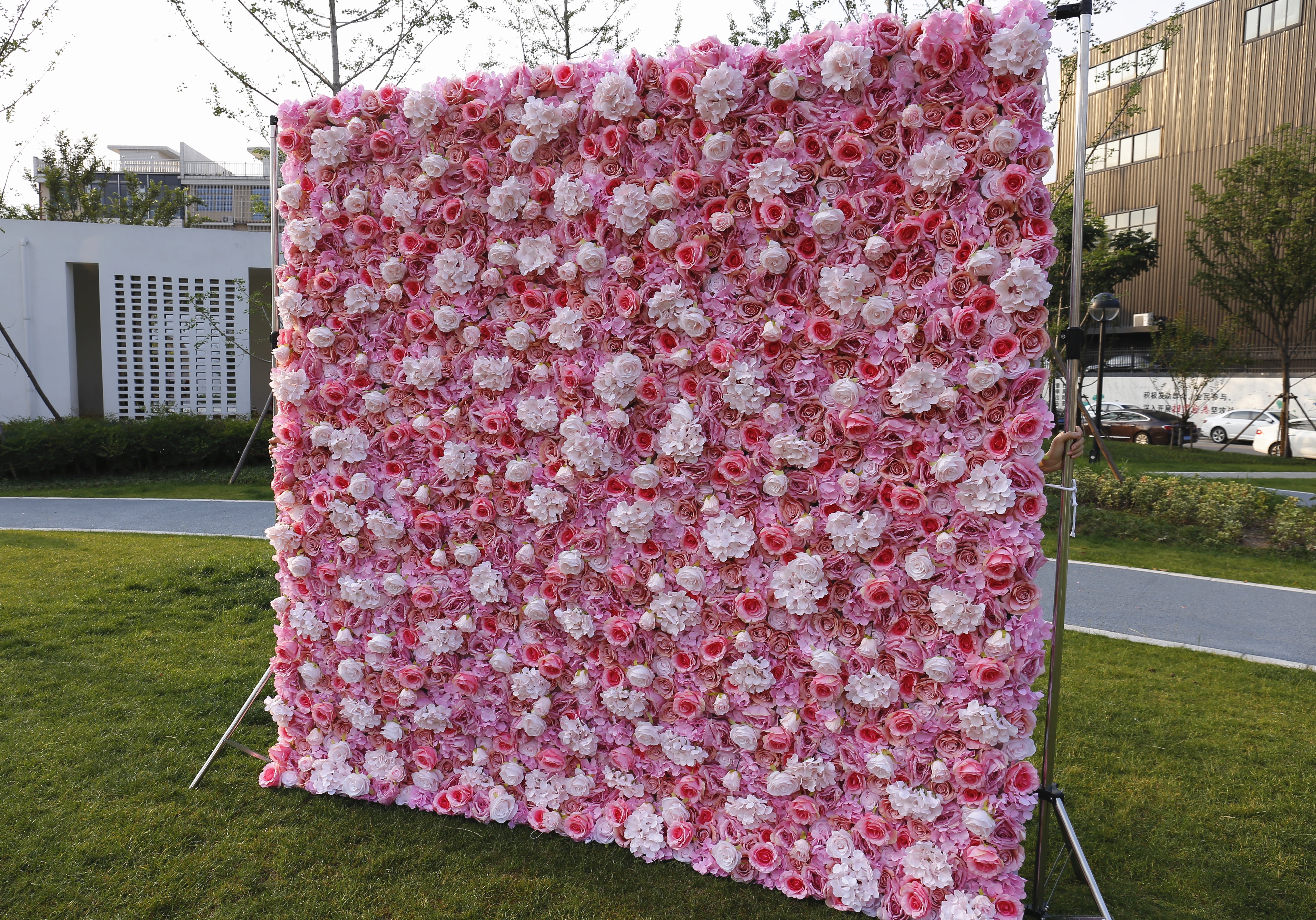 Custom Fabric White Pink Rose & hydrangea Hanging Artificial Floral Wall ACFW-022