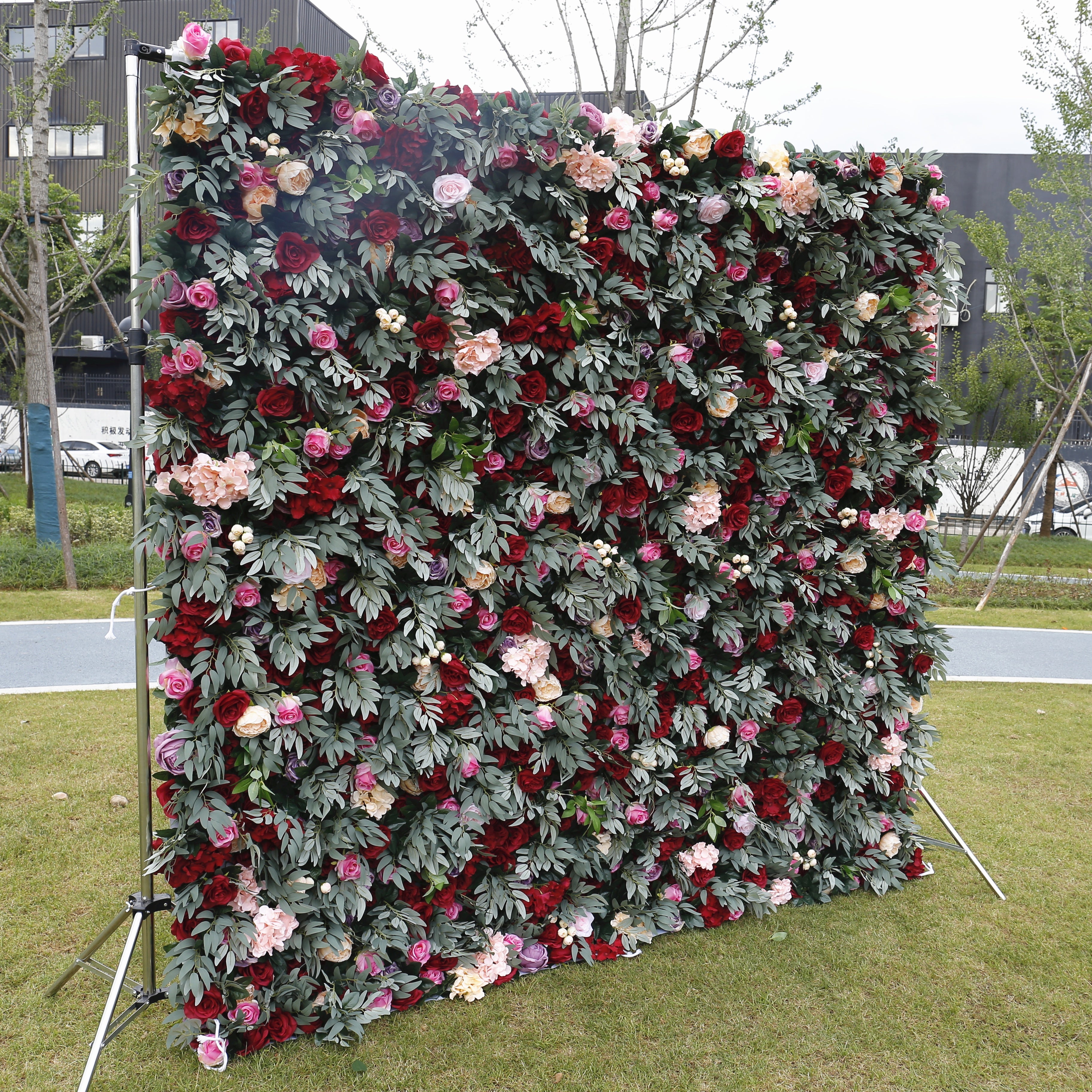 Red Rose with Greenery Wedding Fabric Roll Up Curtain Flower Wall ACFW-043