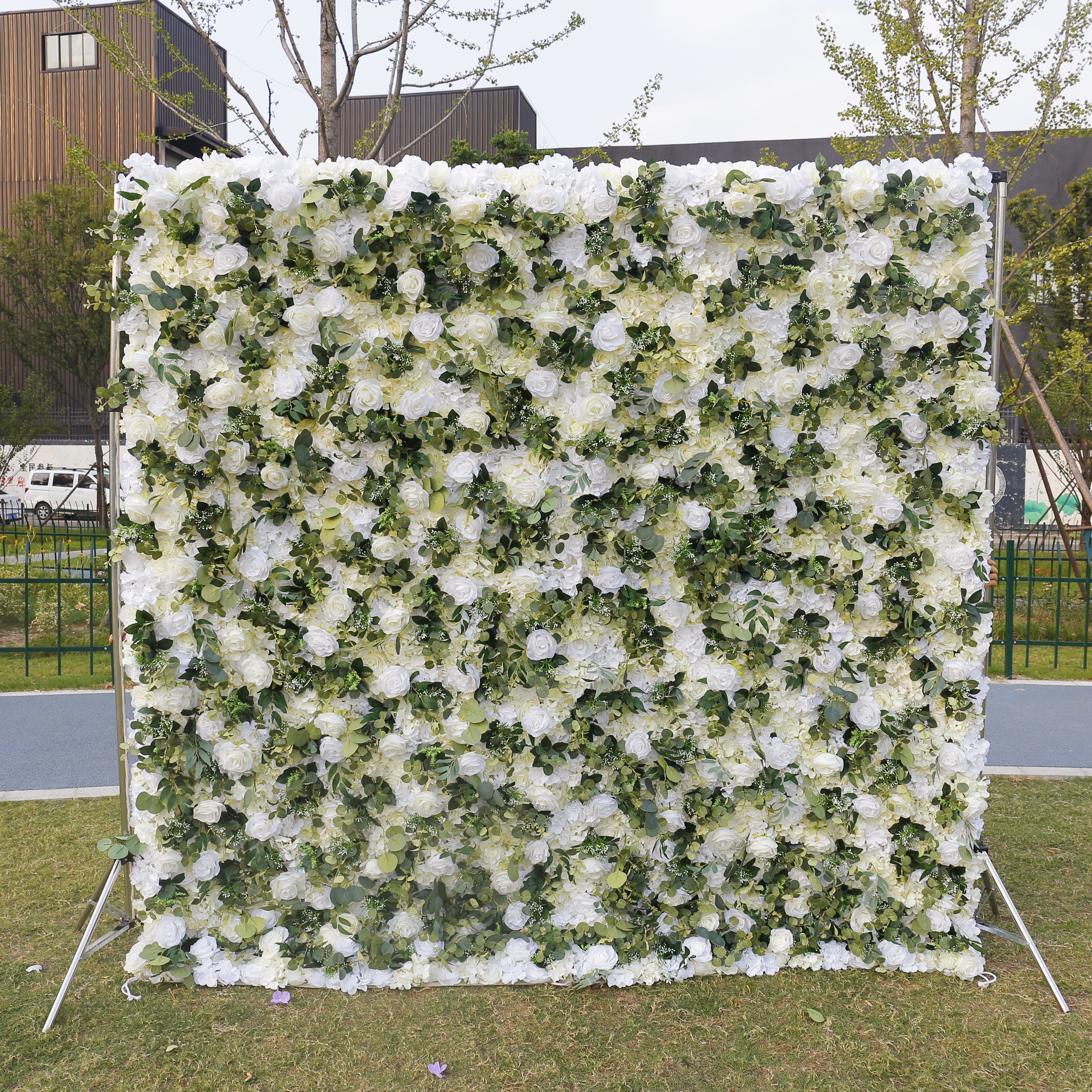3D Green Leaves White Floral Fabric Artificial Wedding Flower Wall ACFW-049
