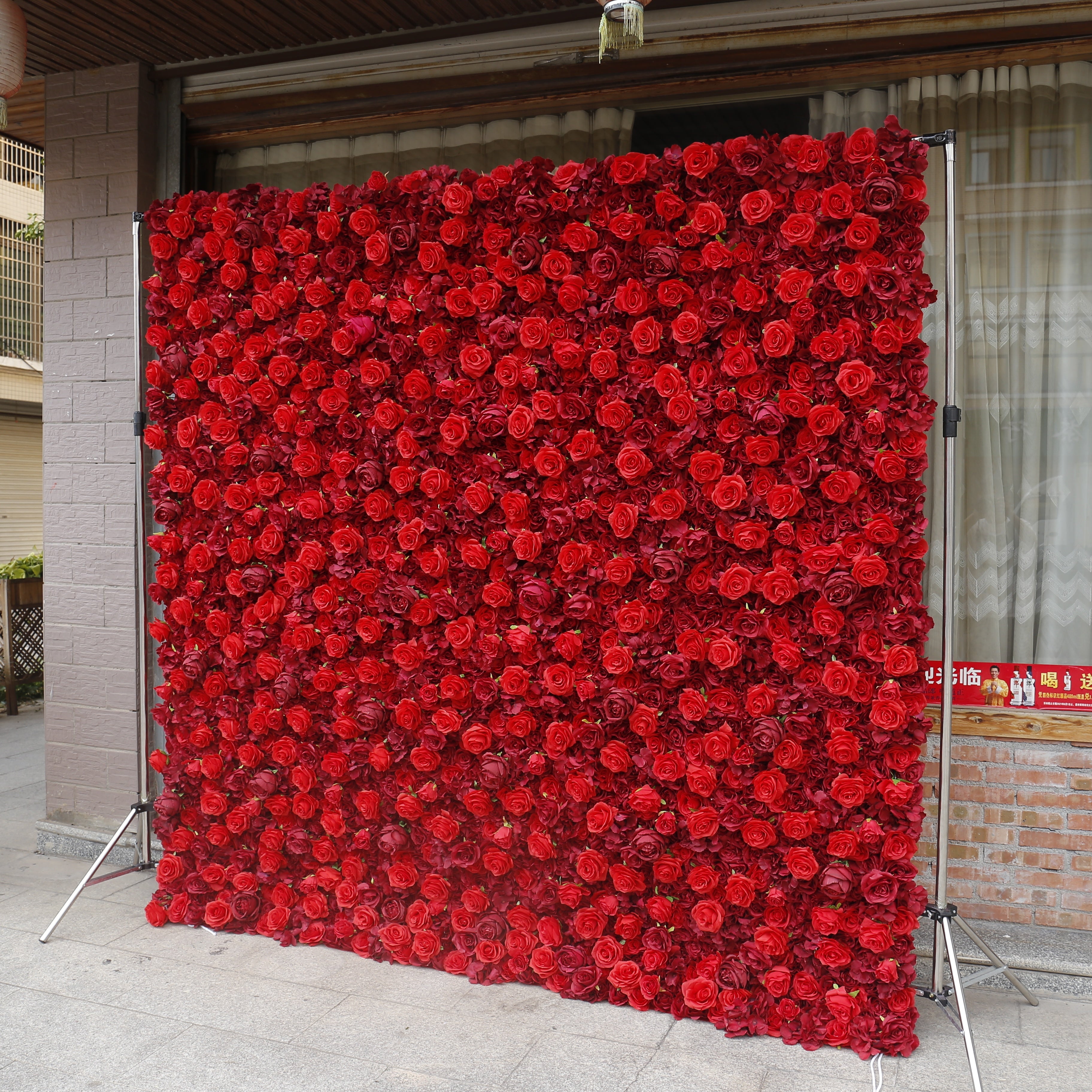 3D Full Red Rose Fabric Wedding Backdrop Rolling Up Flower Wall ACFW-050
