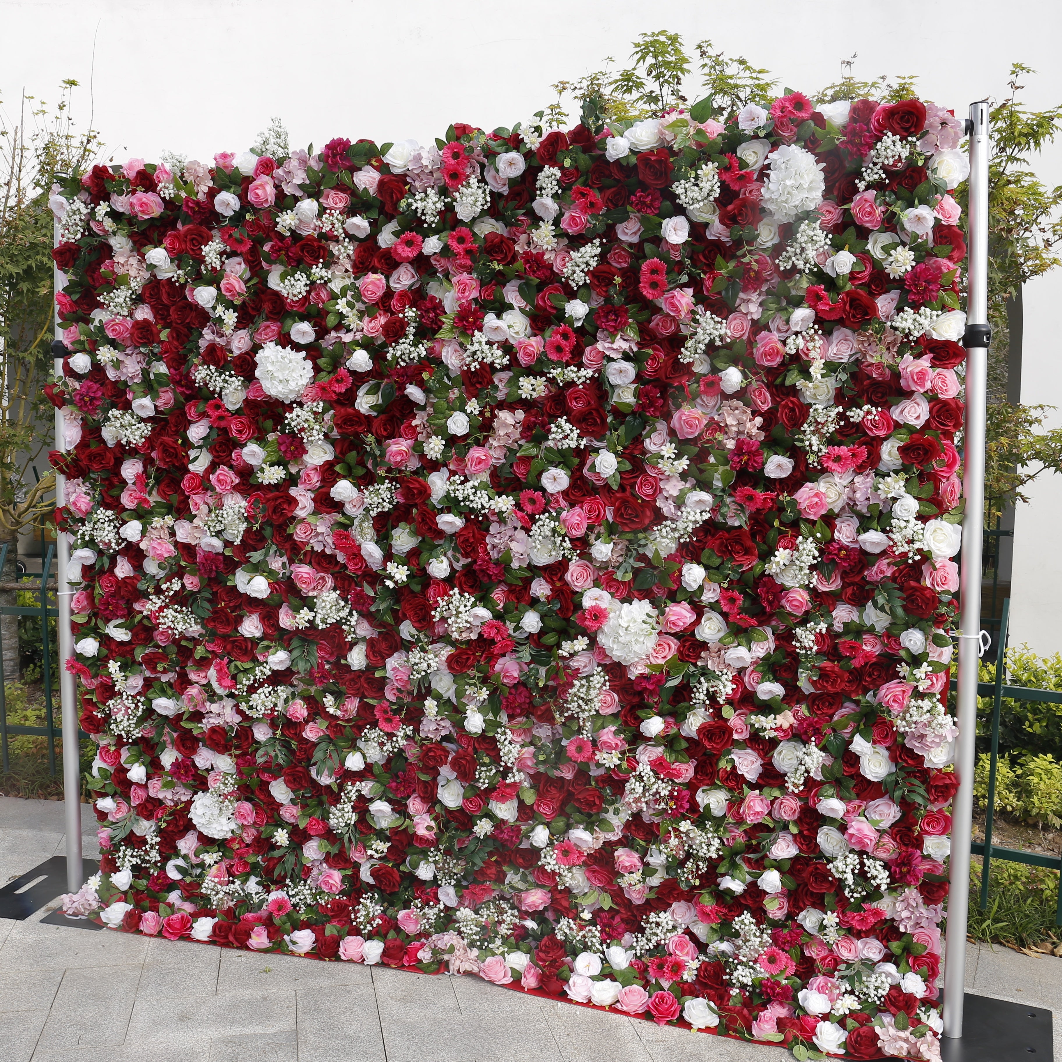 5D Red Pink Rose Baby Breath Roll Up Cloth Faux Flower Wall ACFW-059