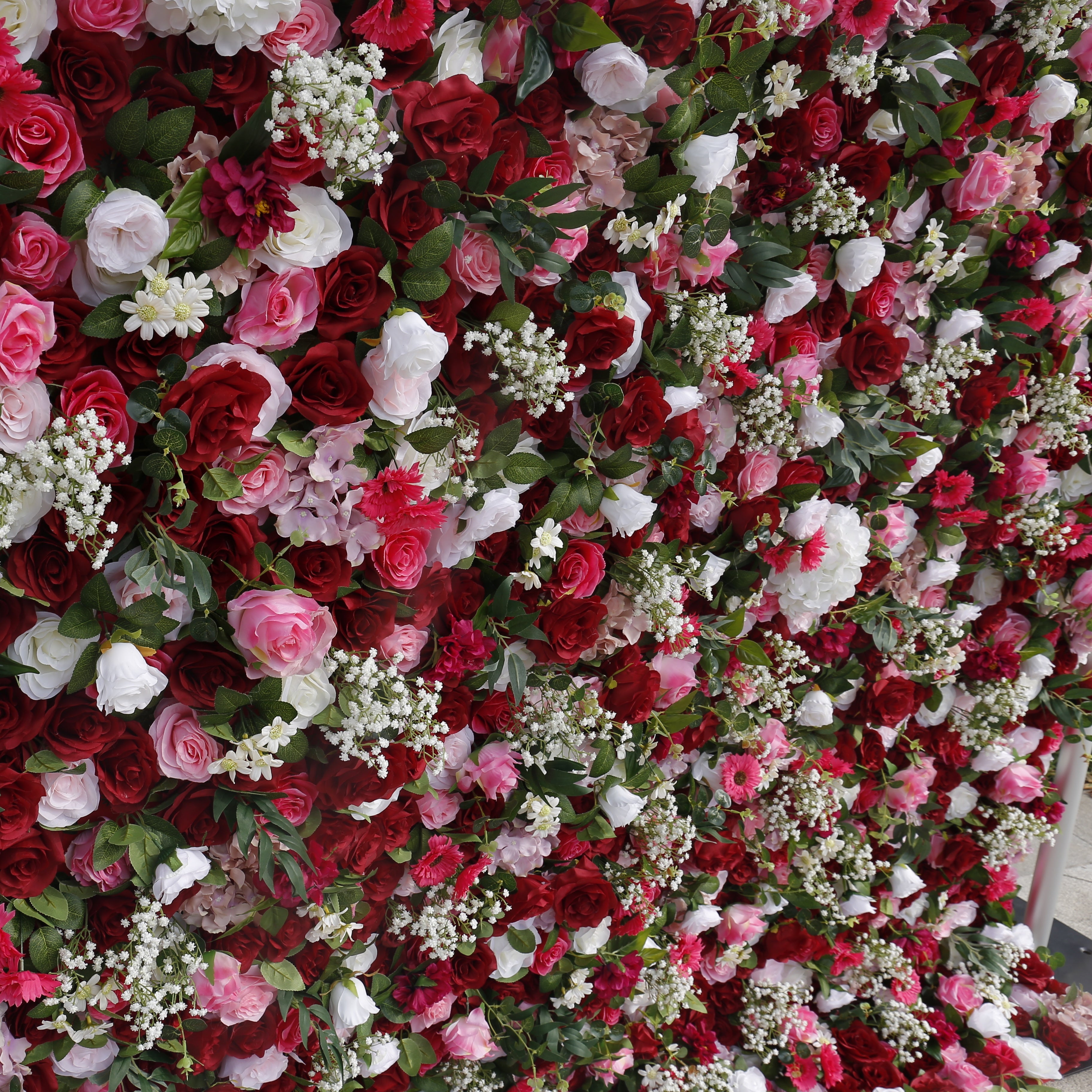 5D Red Pink Rose Baby Breath Roll Up Cloth Faux Flower Wall ACFW-059