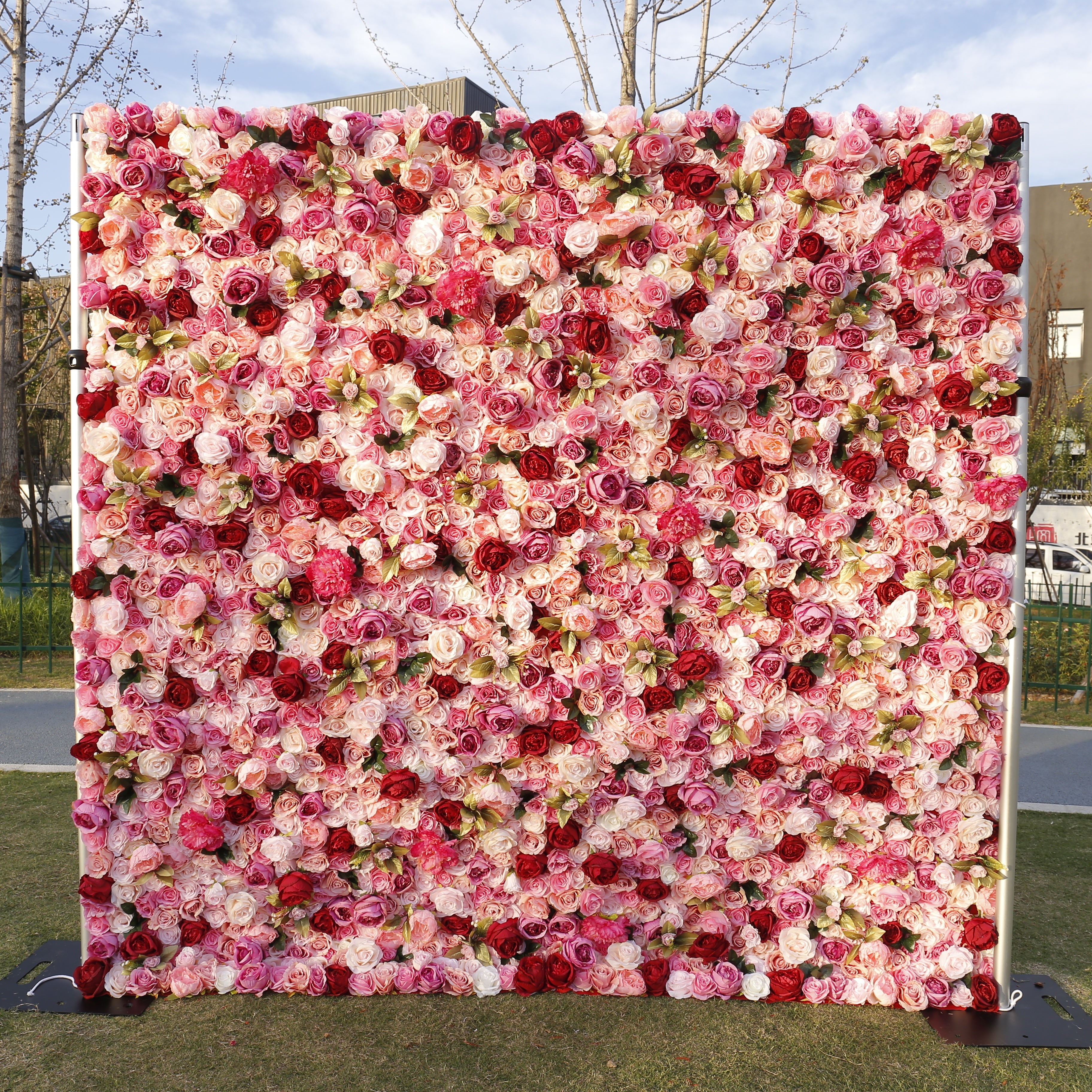 Pink Red Roses Simulated 5D Cloth Roll Up Wedding Flower Wall ACFW-068
