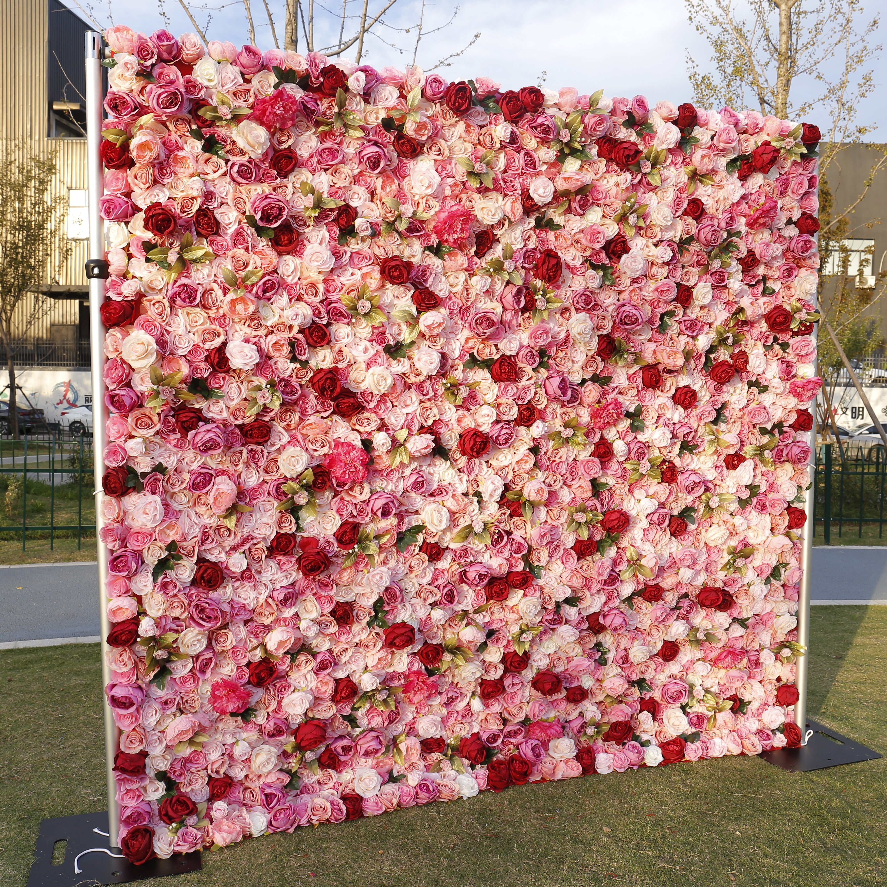 Pink Red Roses Simulated 5D Cloth Roll Up Wedding Flower Wall ACFW-068