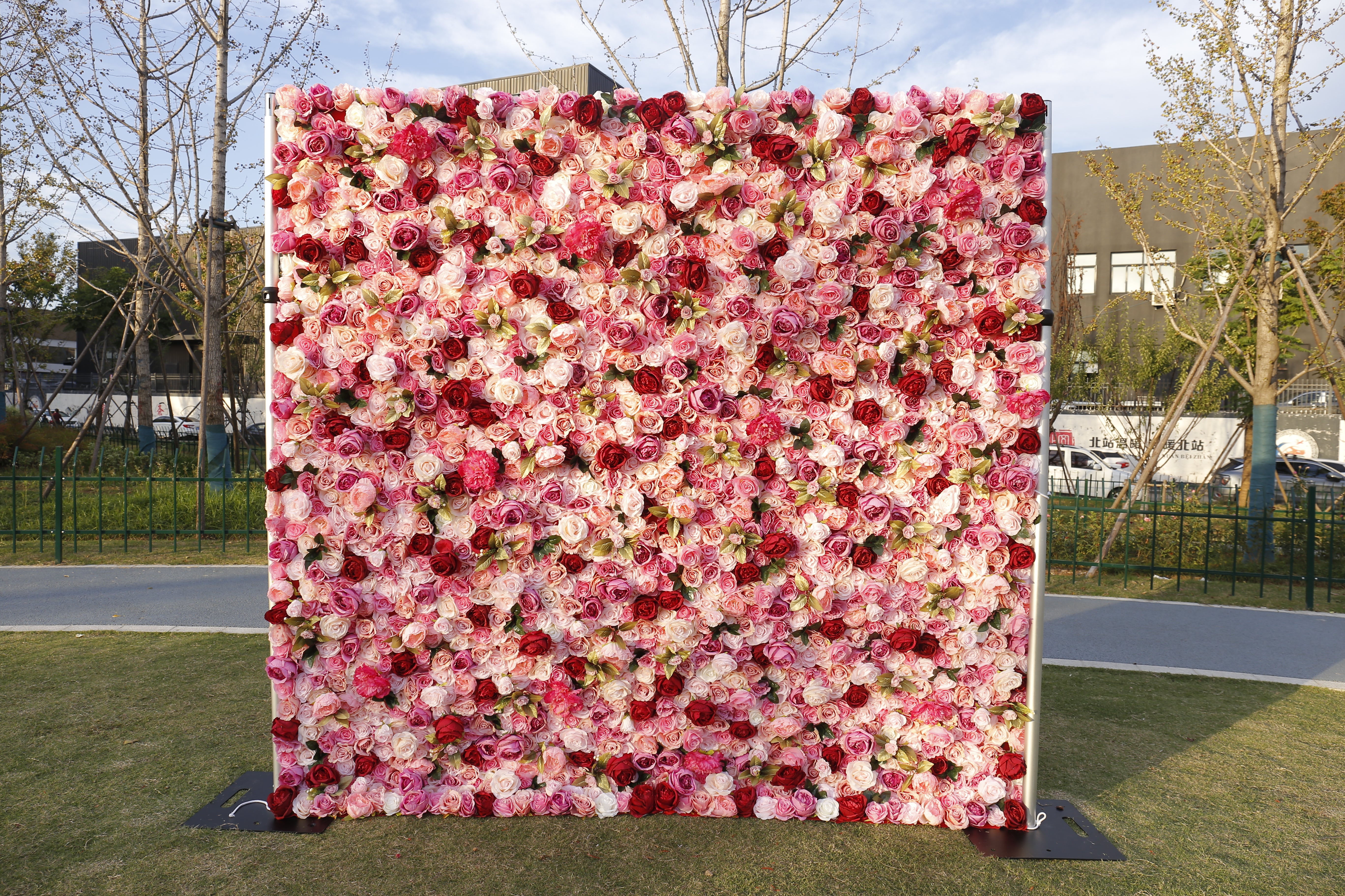 Pink Red Roses Simulated 5D Cloth Roll Up Wedding Flower Wall ACFW-068