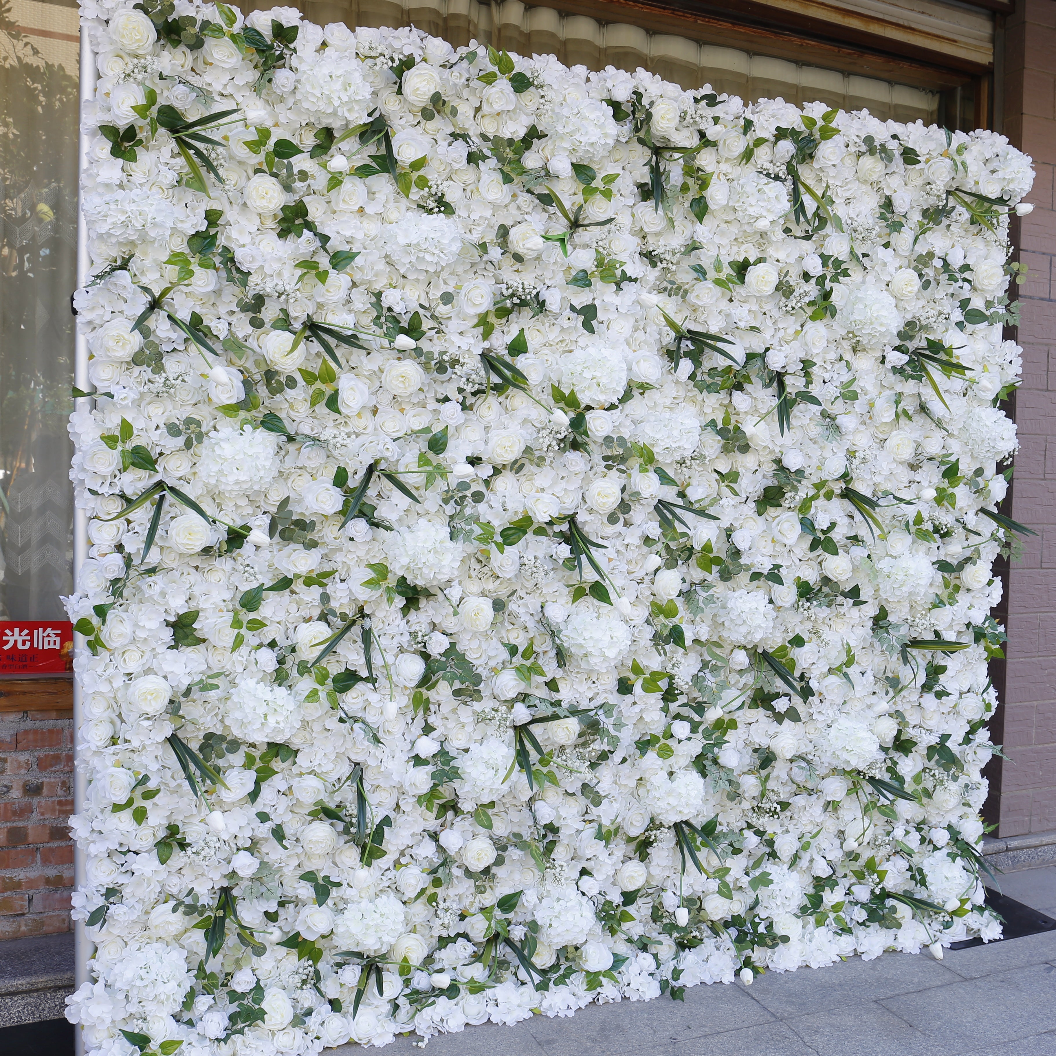 Cloth White Rose Green Leaves 3D Roll Up Wedding Flower Wall ACFW-070