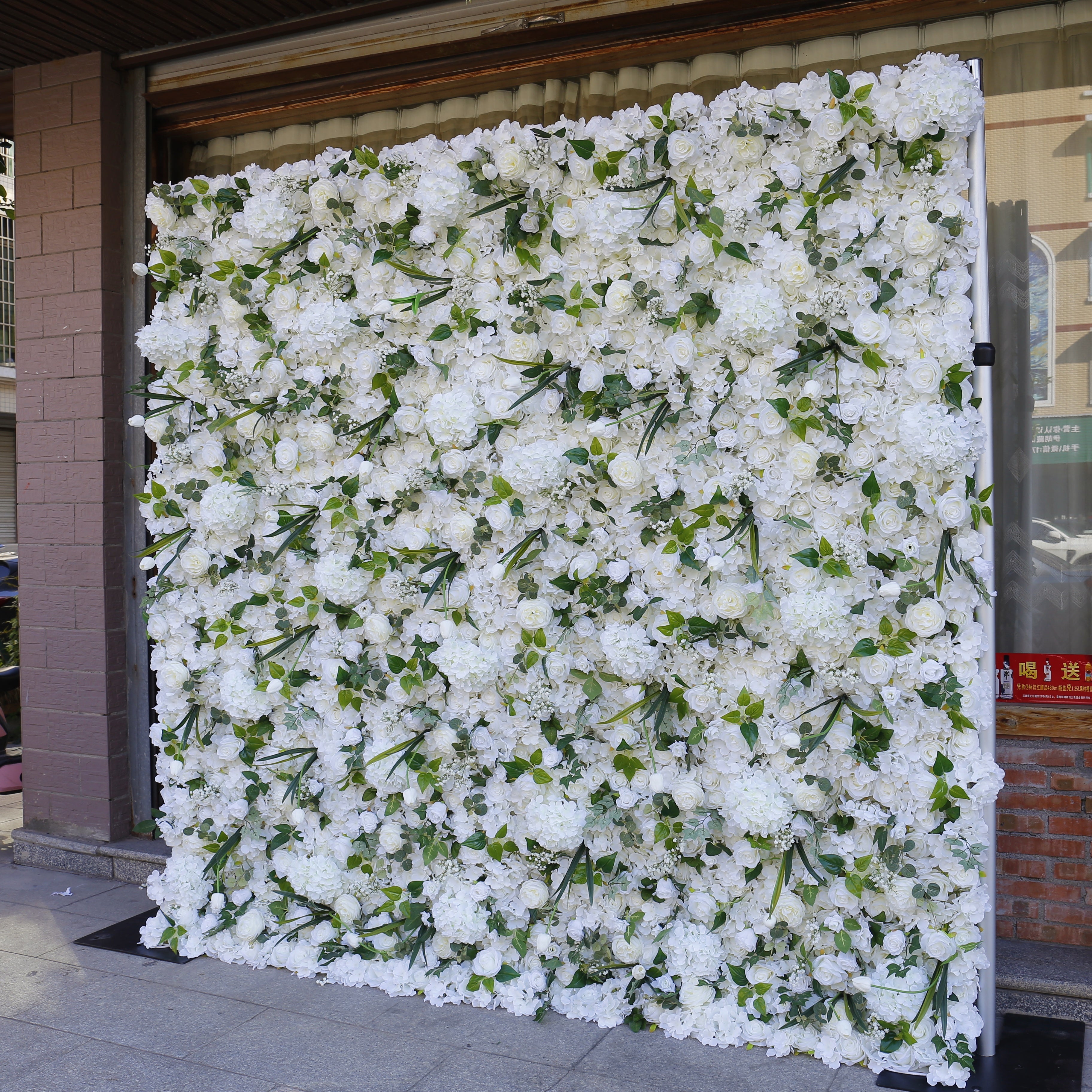 Cloth White Rose Green Leaves 3D Roll Up Wedding Flower Wall ACFW-070