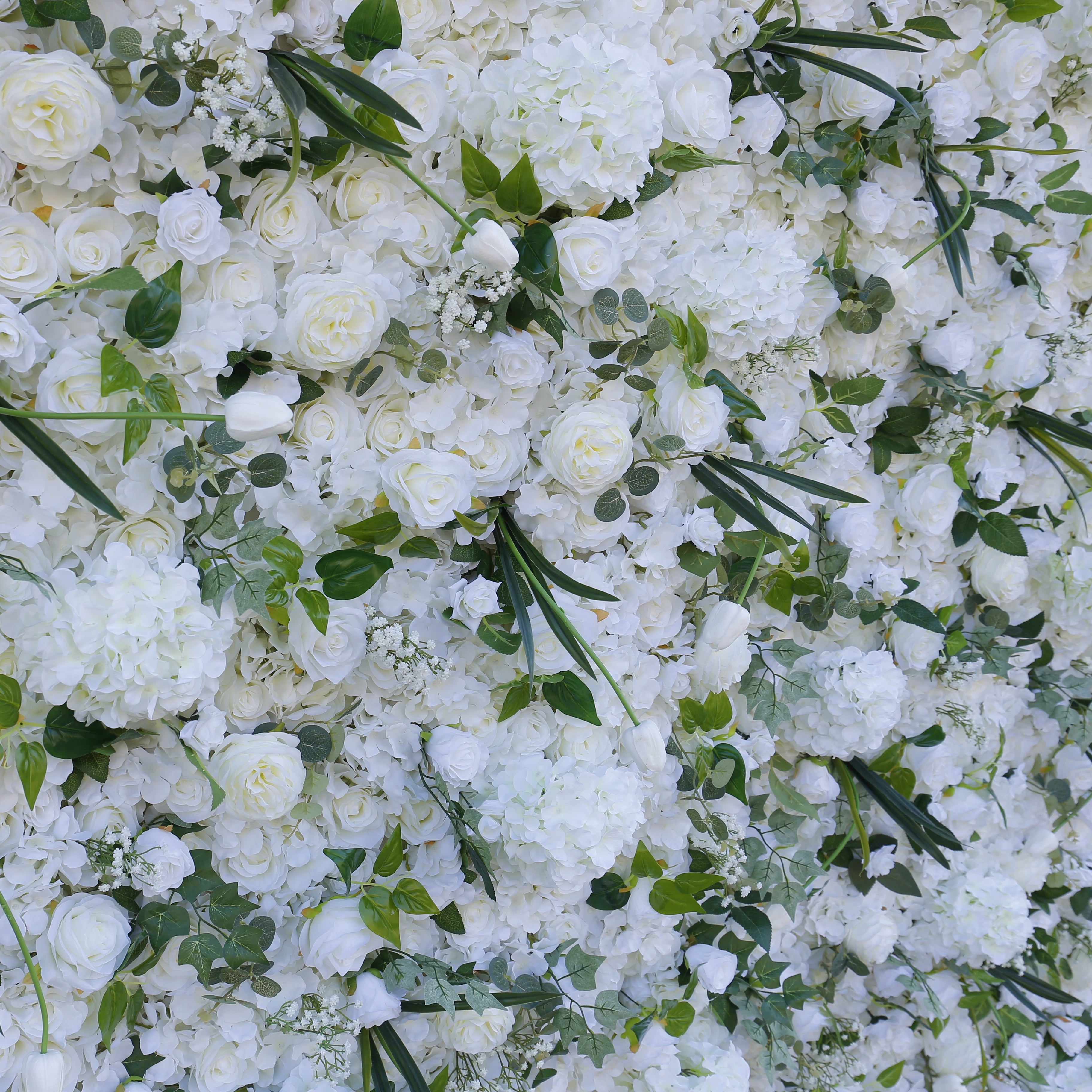 Cloth White Rose Green Leaves 3D Roll Up Wedding Flower Wall ACFW-070