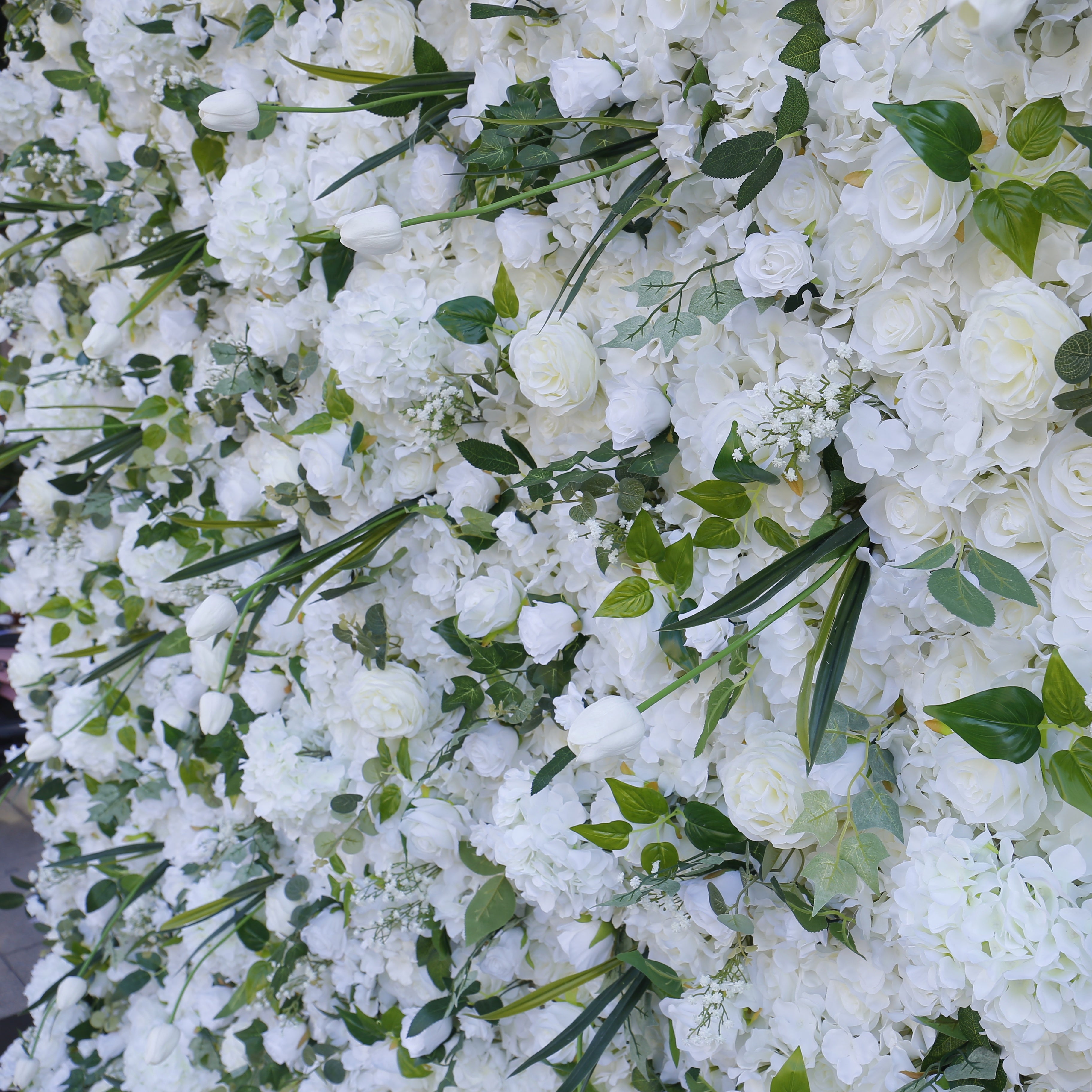 Cloth White Rose Green Leaves 3D Roll Up Wedding Flower Wall ACFW-070