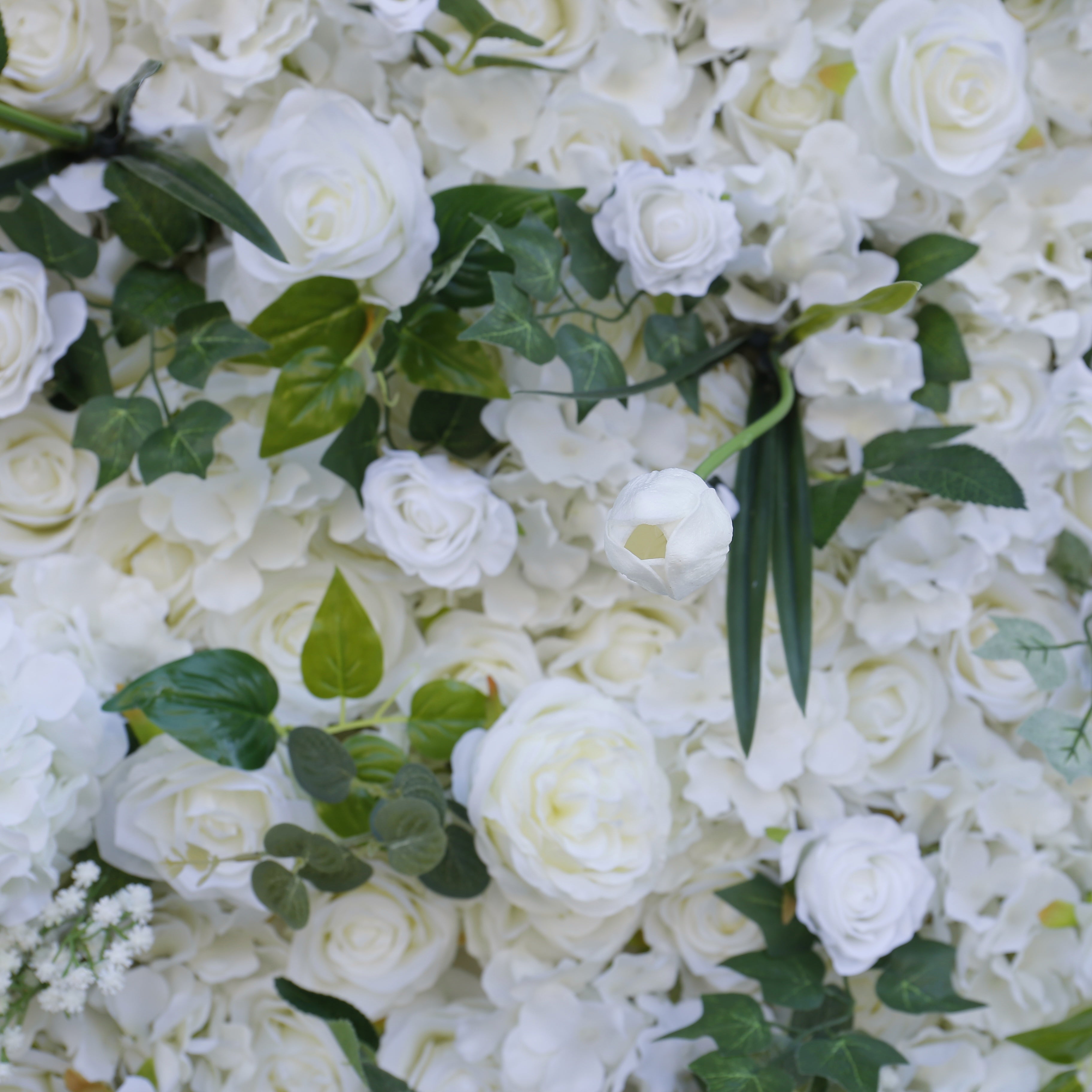 Cloth White Rose Green Leaves 3D Roll Up Wedding Flower Wall ACFW-070