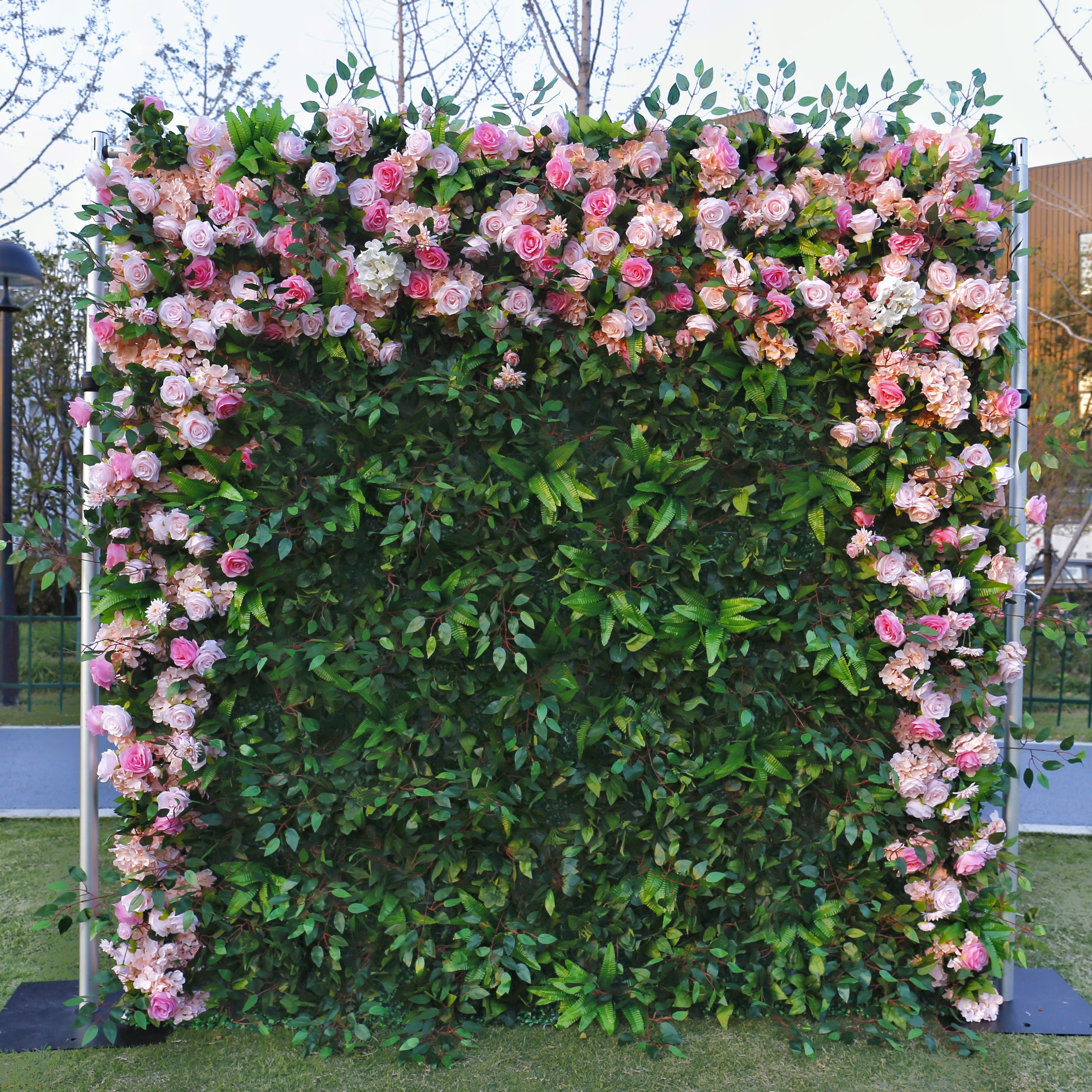 Pink Roses With Greenery Roll Up Curtain Artificial Flower Wall ACFW-072