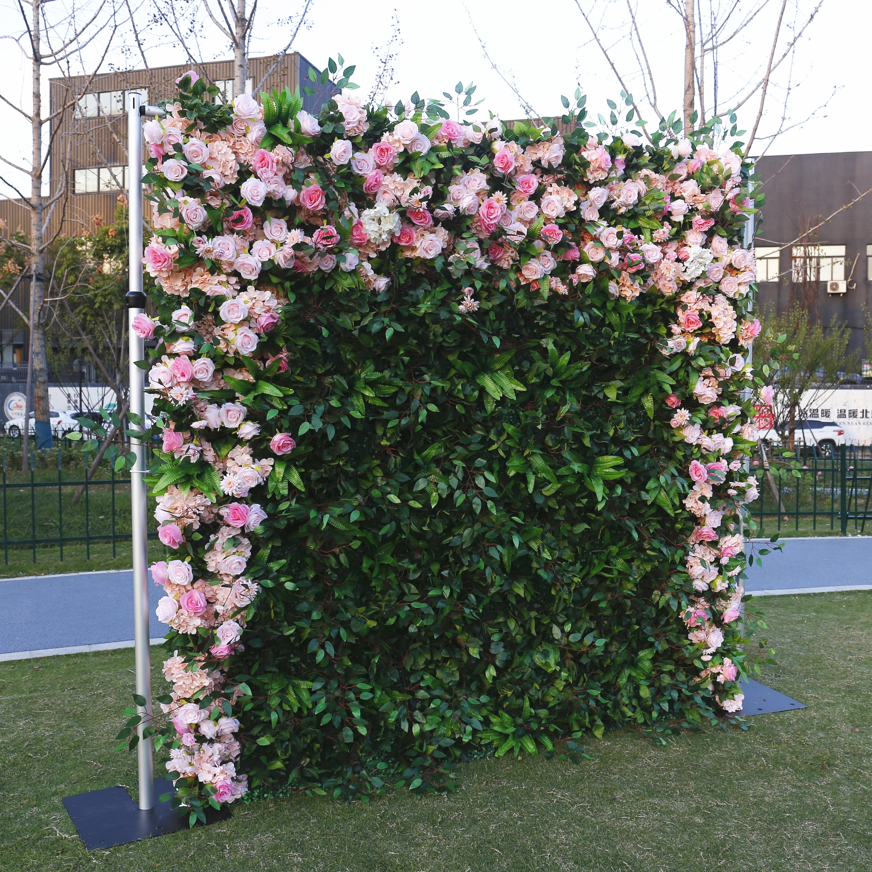 Pink Roses With Greenery Roll Up Curtain Artificial Flower Wall ACFW-072