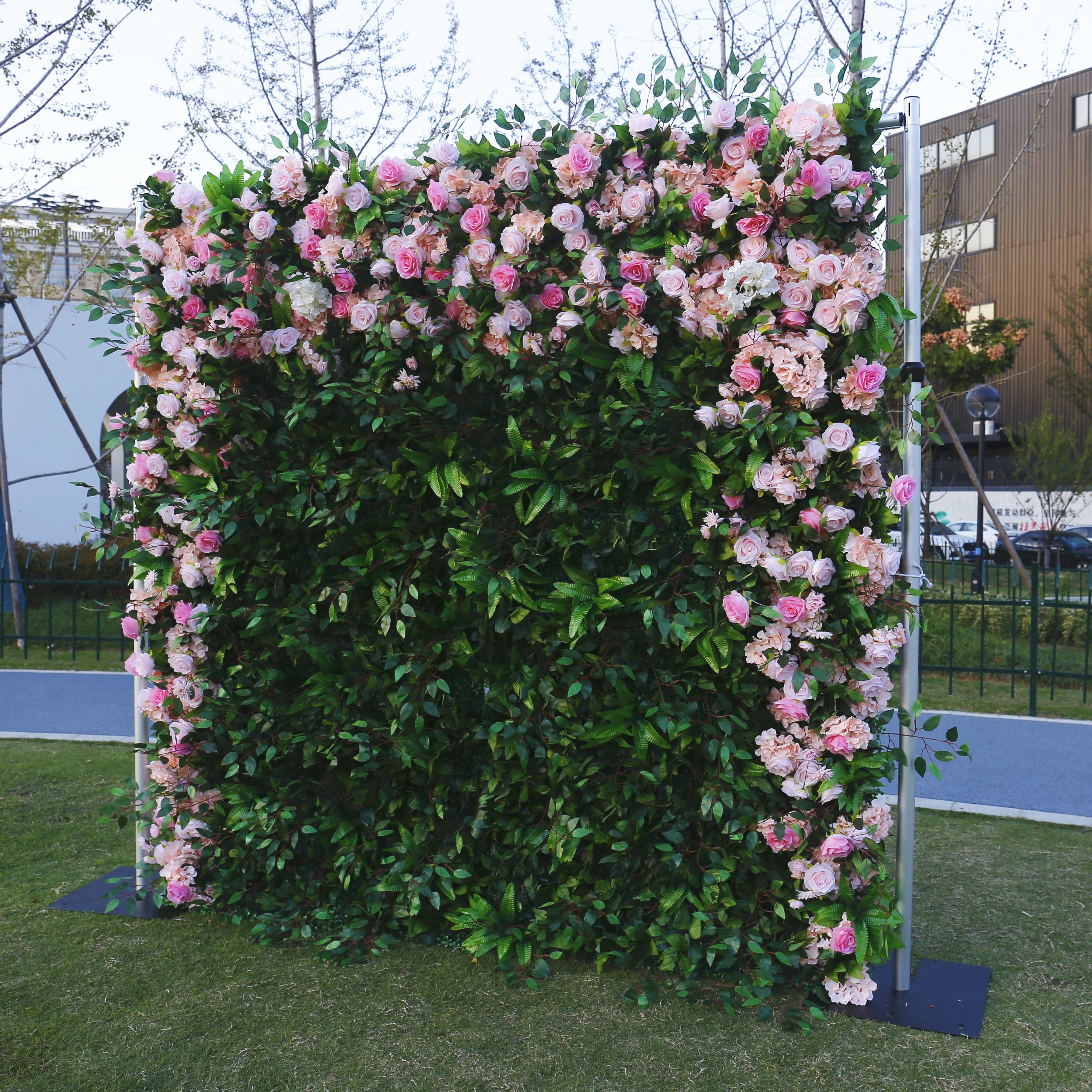 Pink Roses With Greenery Roll Up Curtain Artificial Flower Wall ACFW-072
