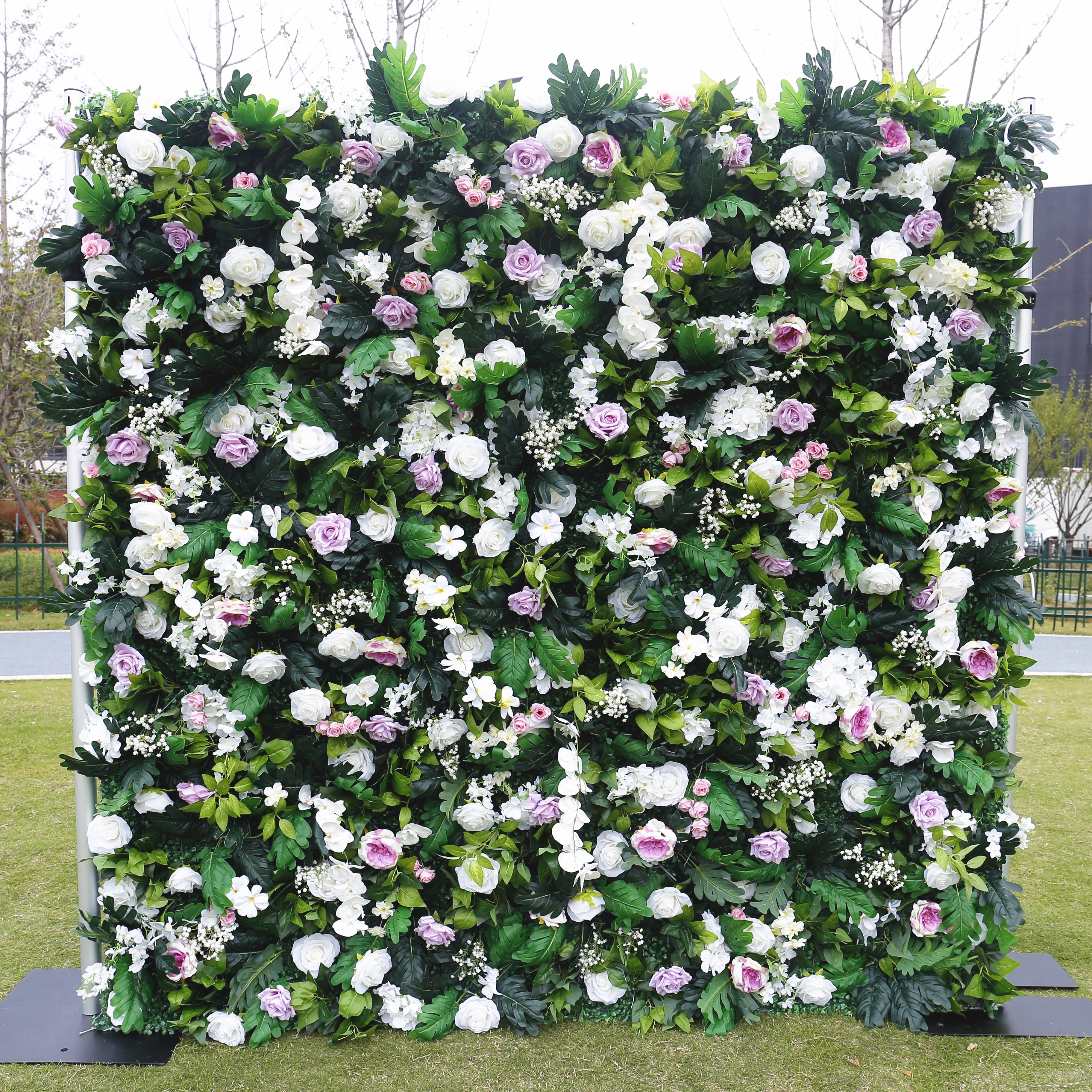 Pink White Rose with Greenery Fabric Roll Up Flower Wall ACFW-076