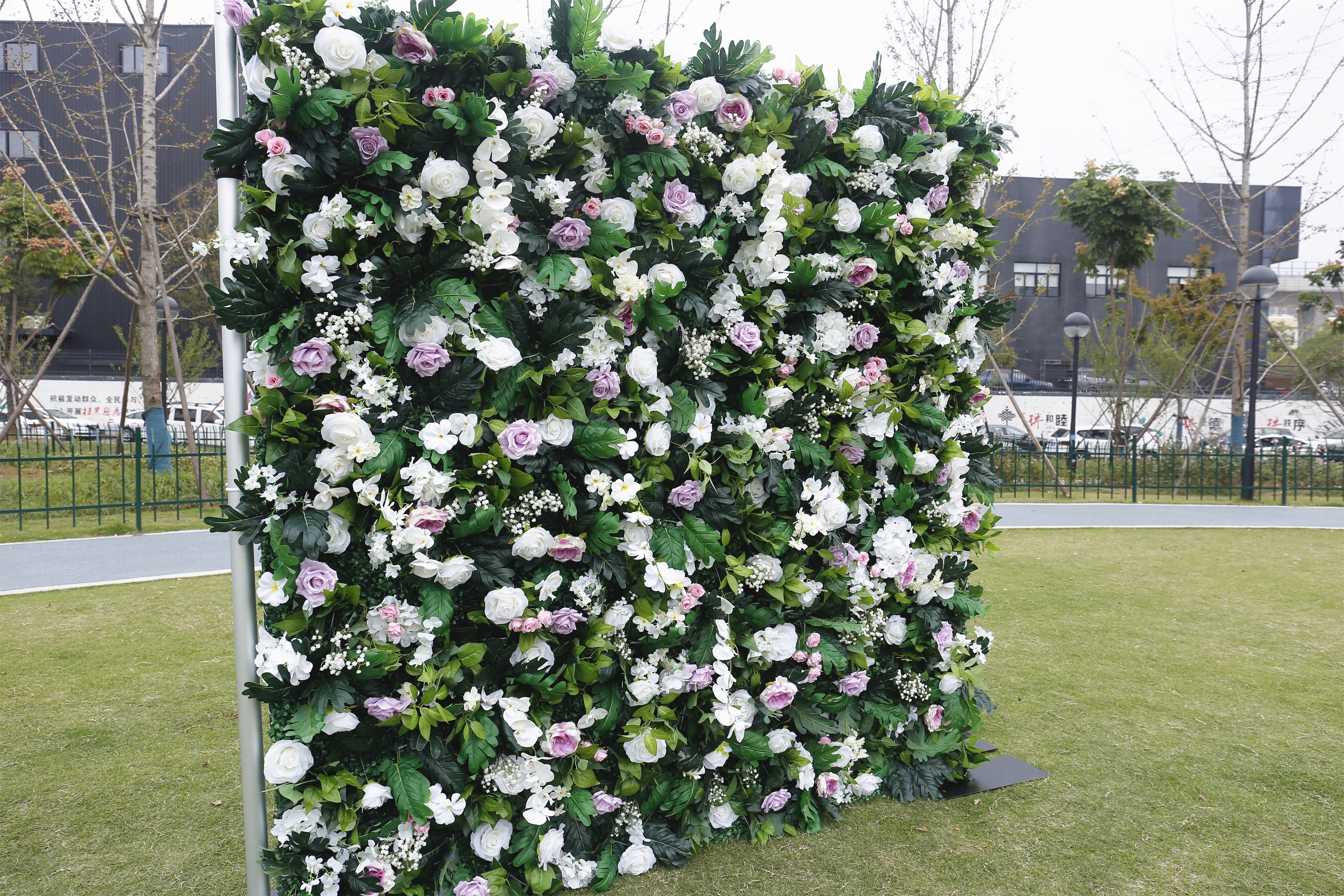 Pink White Rose with Greenery Fabric Roll Up Flower Wall ACFW-076