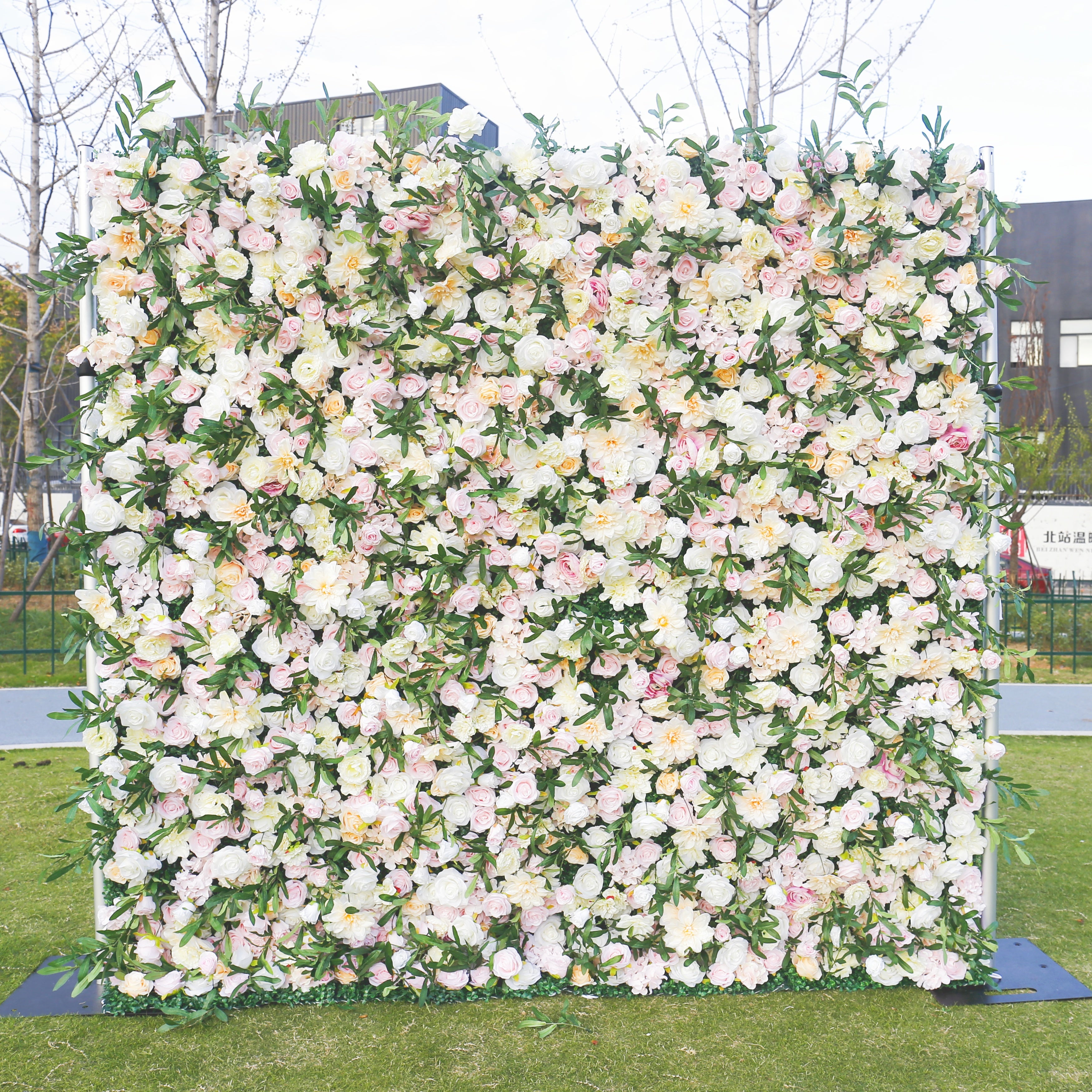 Green Leaves with Pink Rose Fabric Wedding Backdrop Flower Wall ACFW-082