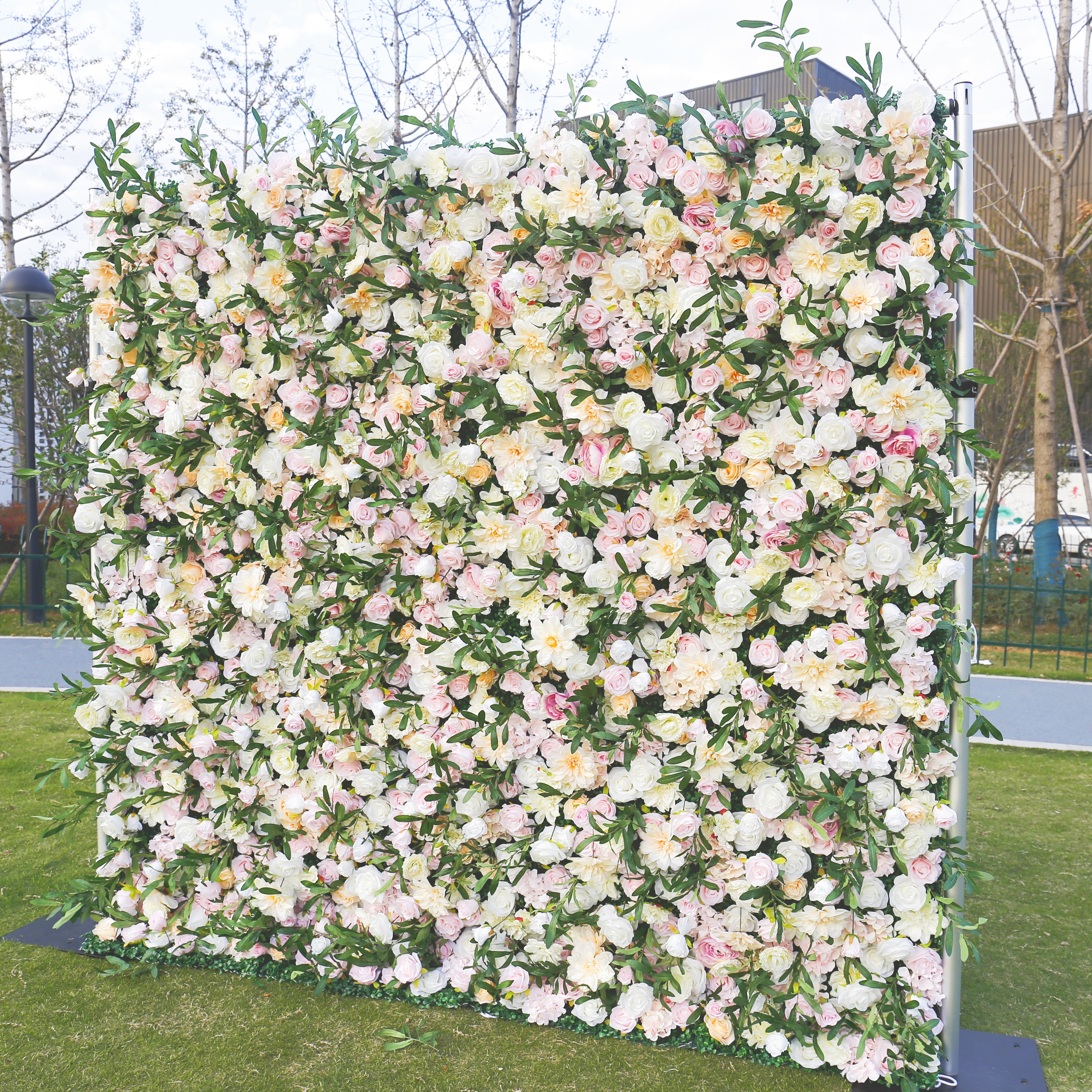 Green Leaves with Pink Rose Fabric Wedding Backdrop Flower Wall ACFW-082