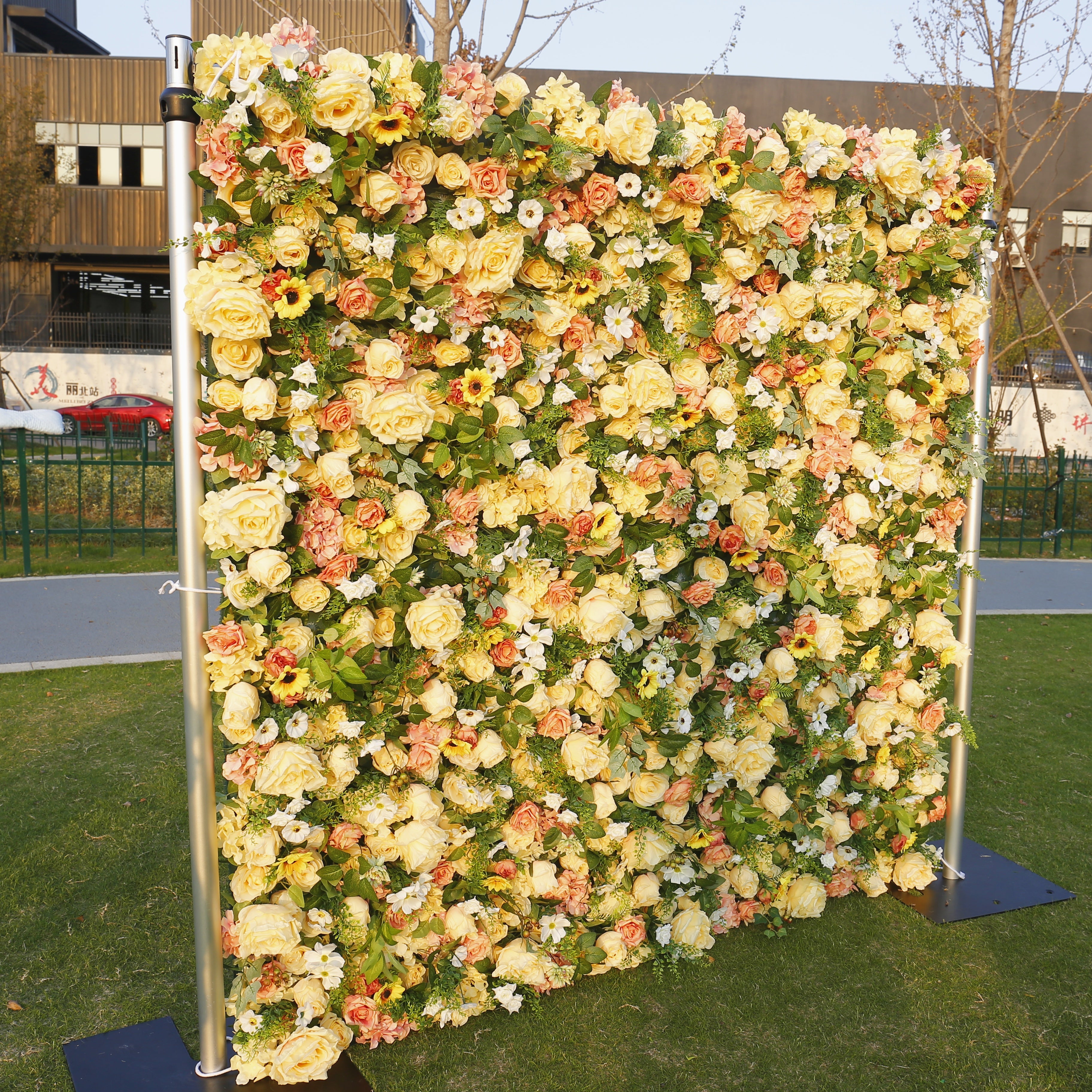 5D Silk Yellow Rose Sun Flowers Roll Up Artificial Flower Wall ACFW-087