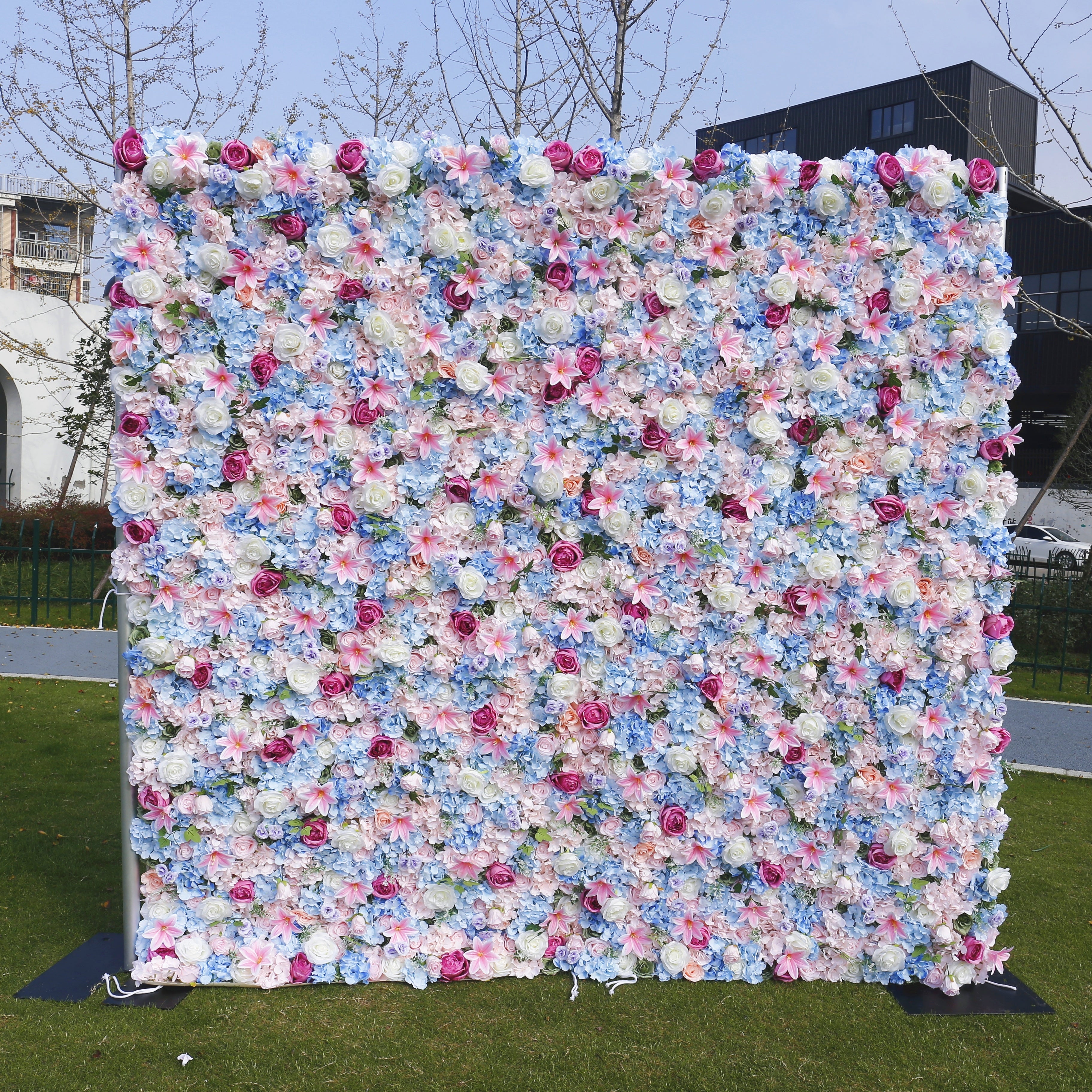 Blue and Pink Mixed Fabric Flowers Colorful Artificial Flower Wall ACFW-090