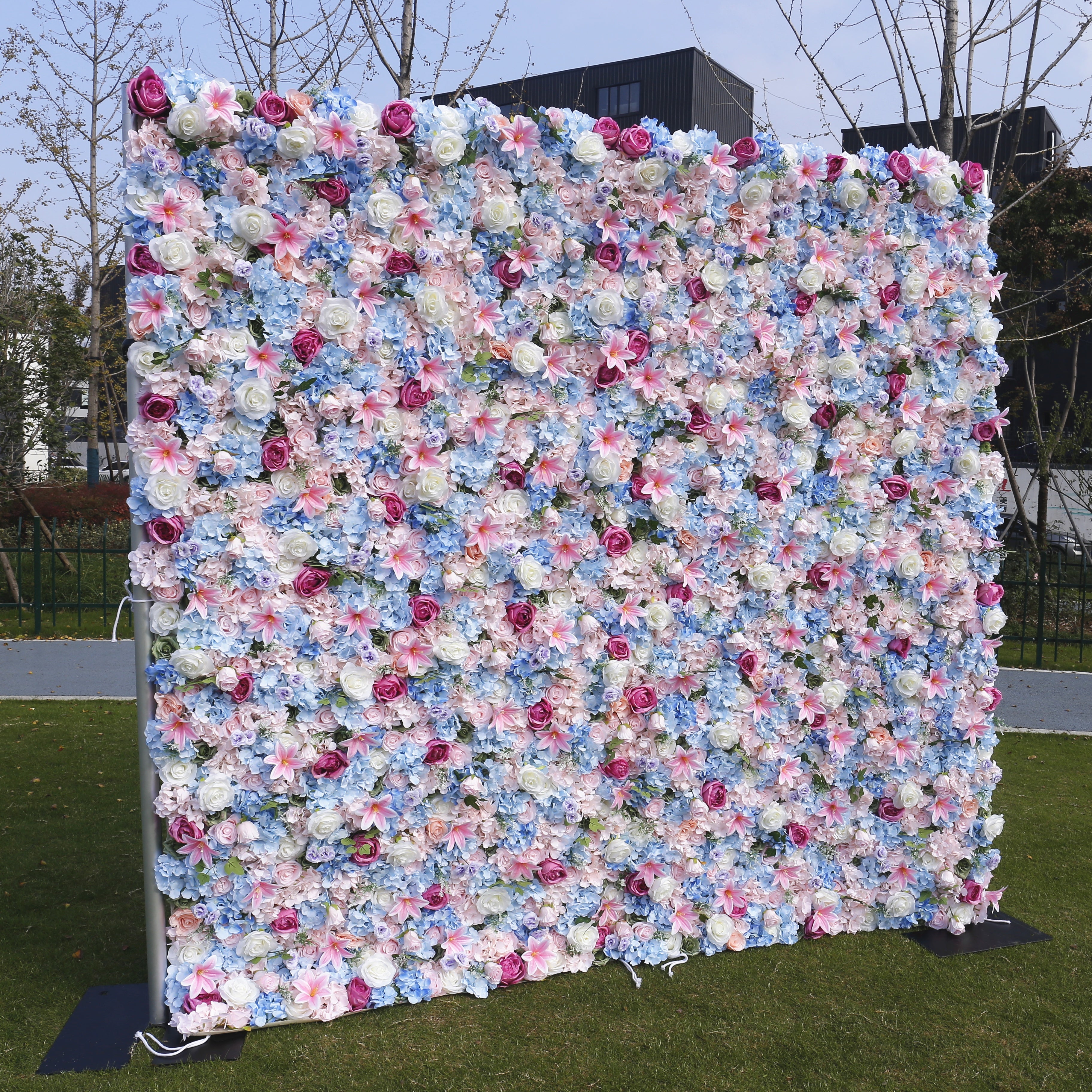 Blue and Pink Mixed Fabric Flowers Colorful Artificial Flower Wall ACFW-090